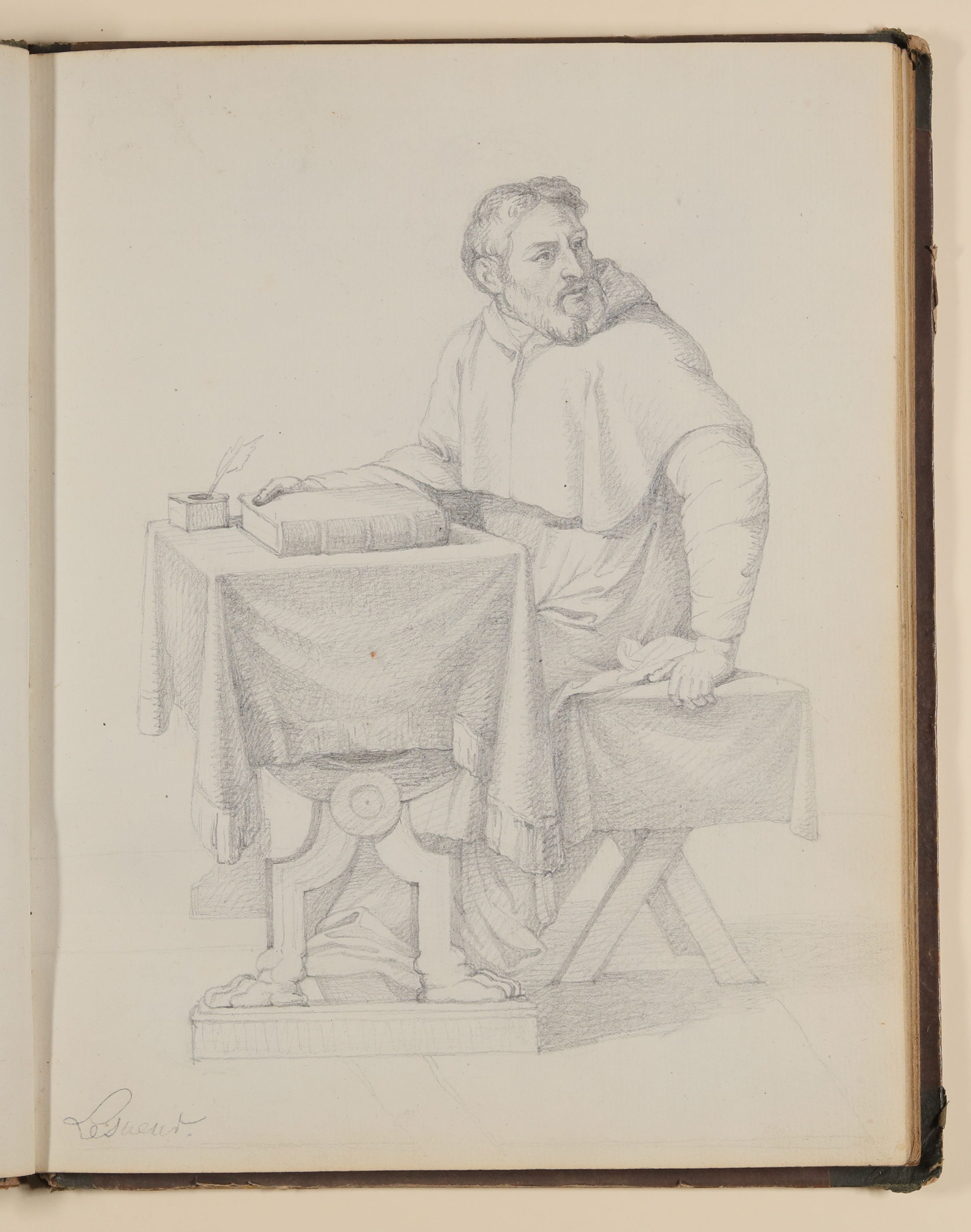 Mönch am Schreibpult sitzend, Kopie nach Eustache Le Sueur [aus einem Skizzenbuch von unbekannter Hand, evtl. des Louis Thomassin] (Freies Deutsches Hochstift / Frankfurter Goethe-Museum CC BY-NC-SA)