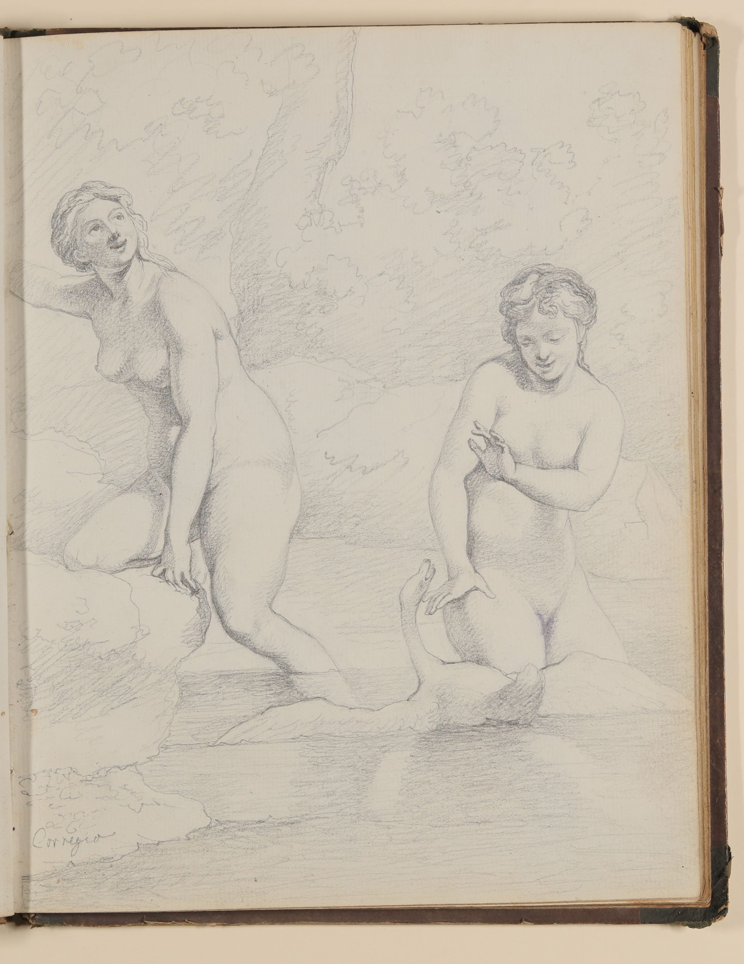 Zwei badende Frauen mit Schwan, Teilkopie nach Correggio [aus einem Skizzenbuch von unbekannter Hand, evtl. des Louis Thomassin] (Freies Deutsches Hochstift / Frankfurter Goethe-Museum CC BY-NC-SA)