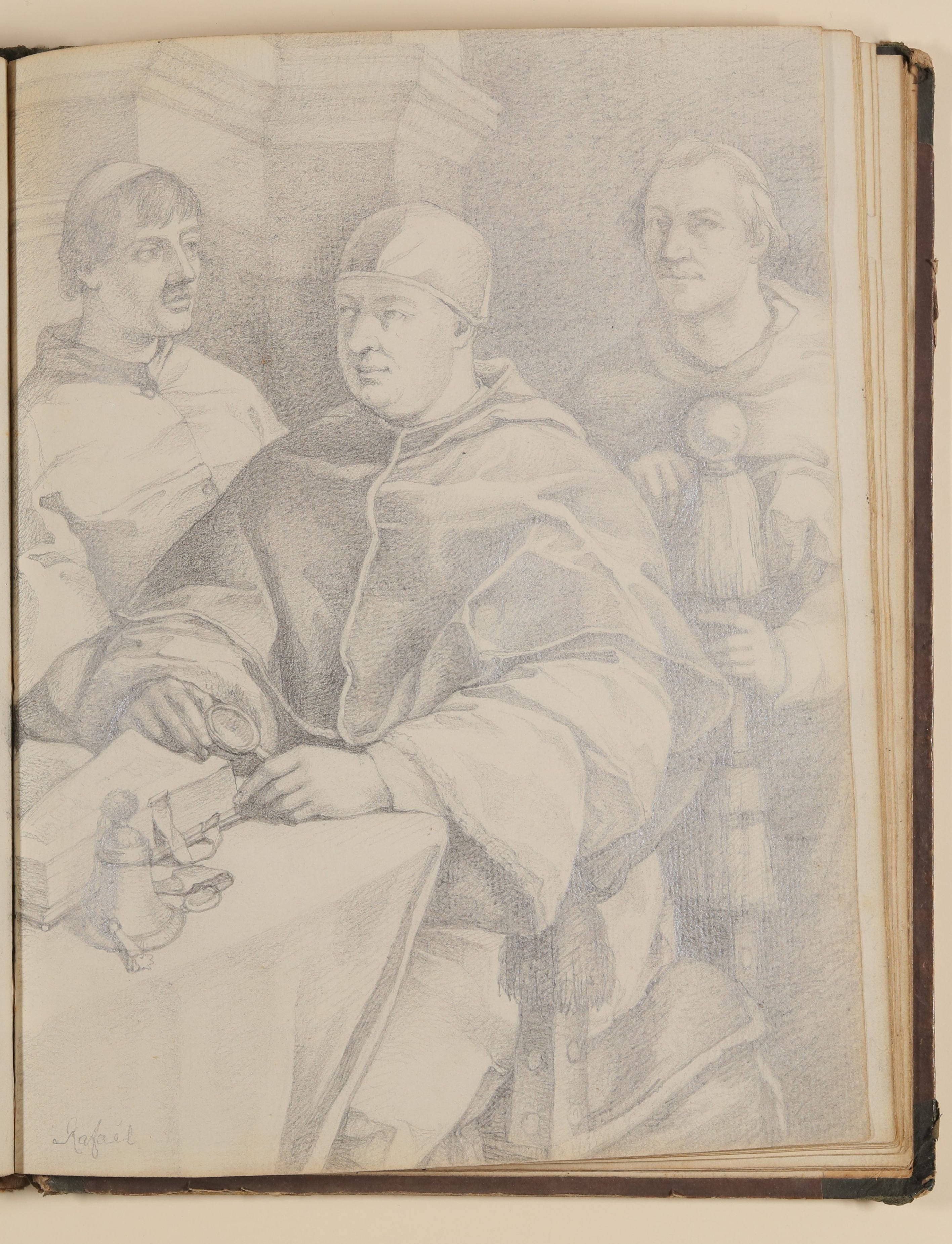 Papst Leo X. (Giovanni de"Medici) mit zwei Kardinälen, Kopie nach Raffael [aus einem Skizzenbuch von unbekannter Hand, evtl. des Louis Thomassin] (Freies Deutsches Hochstift / Frankfurter Goethe-Museum CC BY-NC-SA)