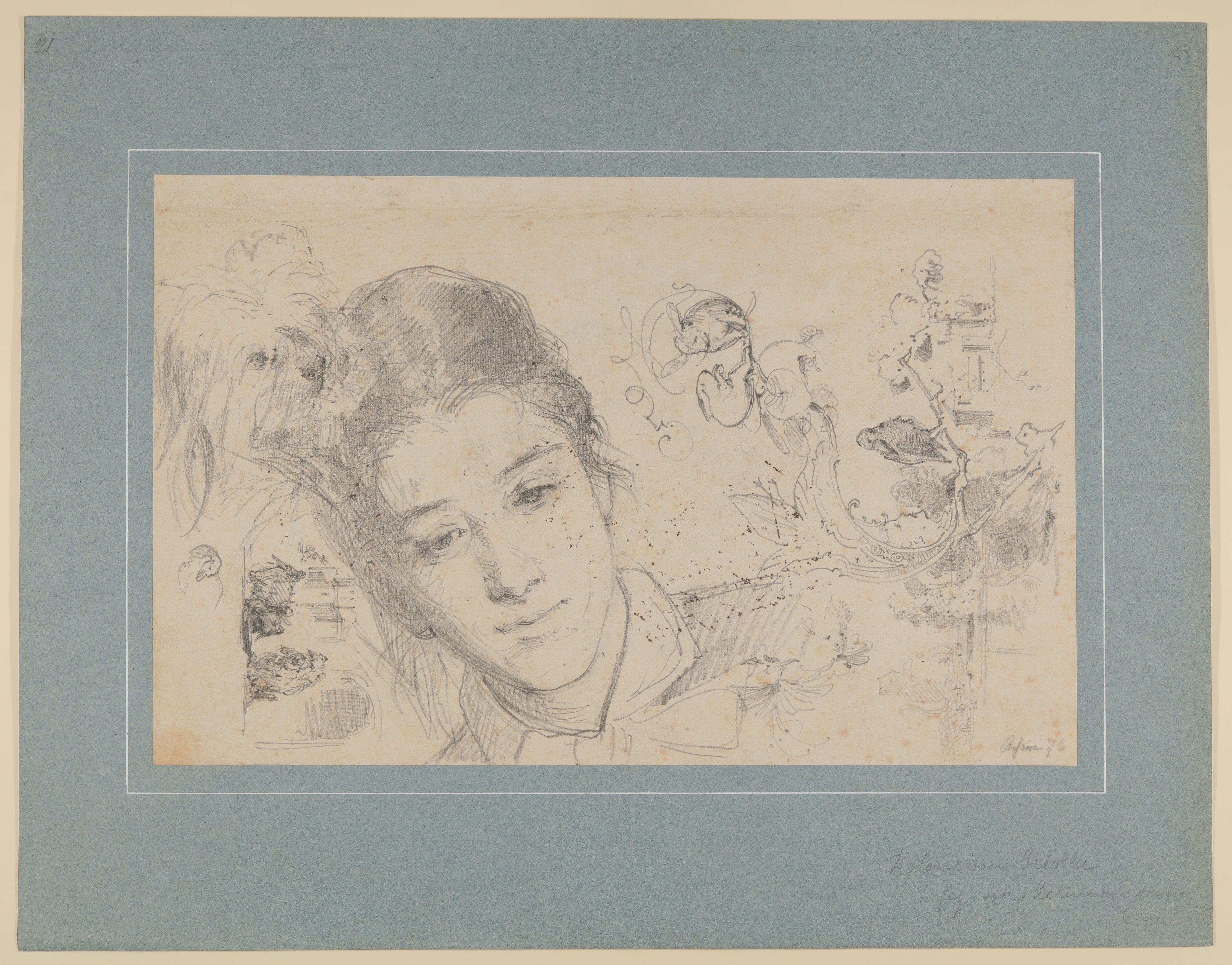 Skizzenblatt mit Porträt der Dolores von Oriola [aus der "geblümten Kassette"] (Freies Deutsches Hochstift CC BY-NC-SA)