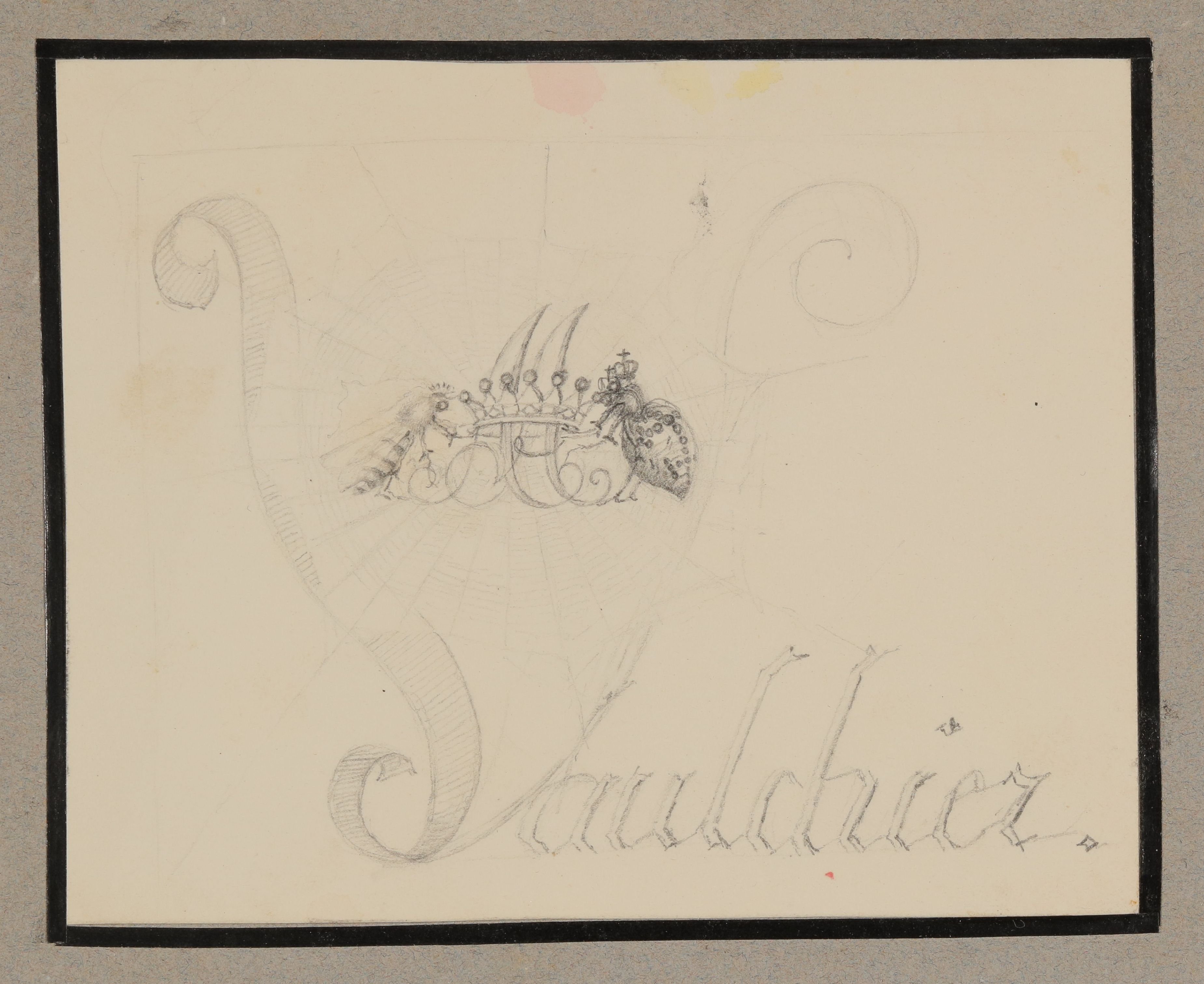 Spinnen- und Fliegenkönig, eine Krone um das Monogramm AvA haltend, Schriftzug "Vaulchiez" [aus der "geblümten Kassette"] (Freies Deutsches Hochstift CC BY-NC-SA)
