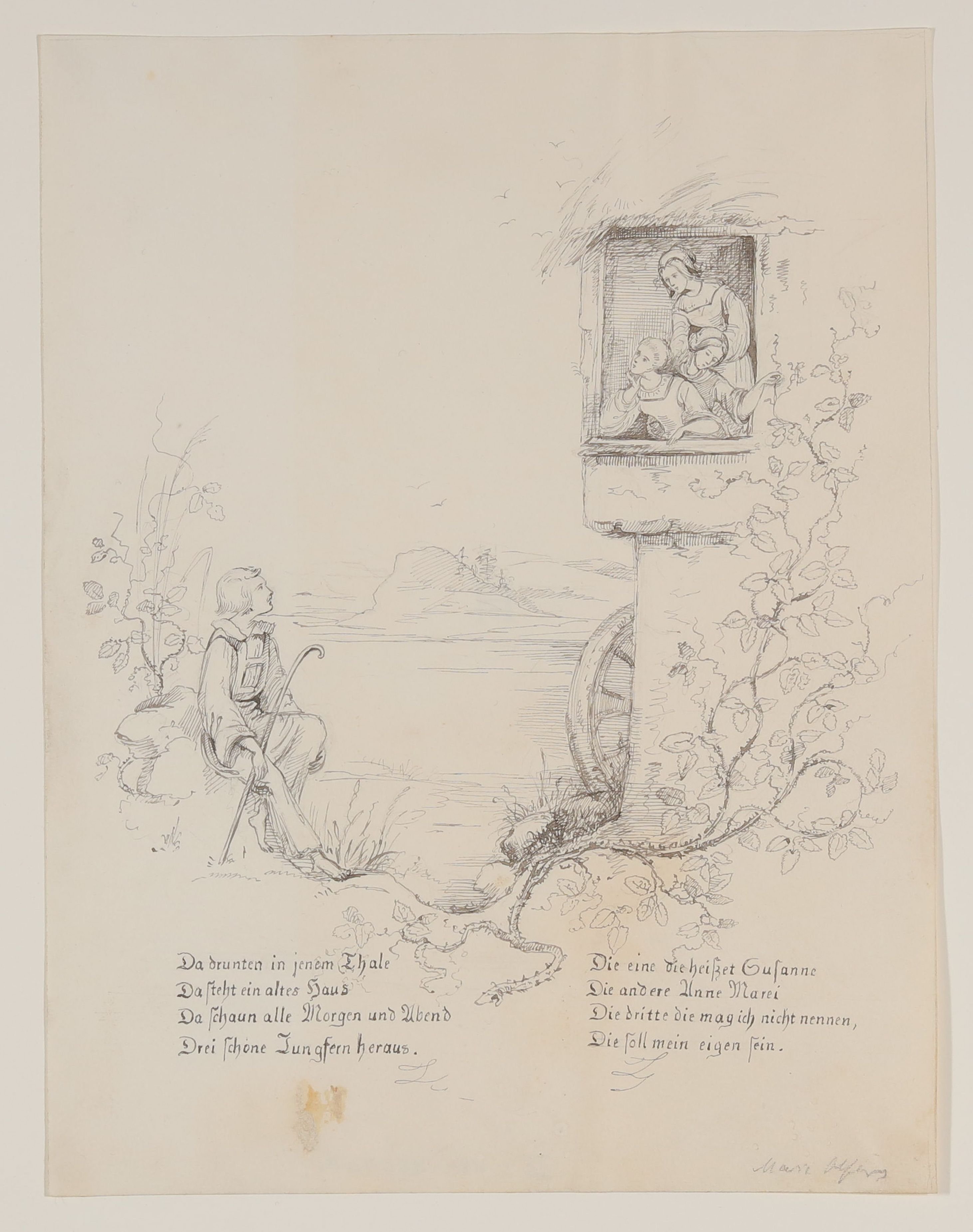 Illustration zu Clemens Brentanos "Des Knaben Wunderhorn": Müllers Abschied [aus Mappe III aus dem Sommerhoff-Nachlass] (Freies Deutsches Hochstift CC BY-NC-SA)
