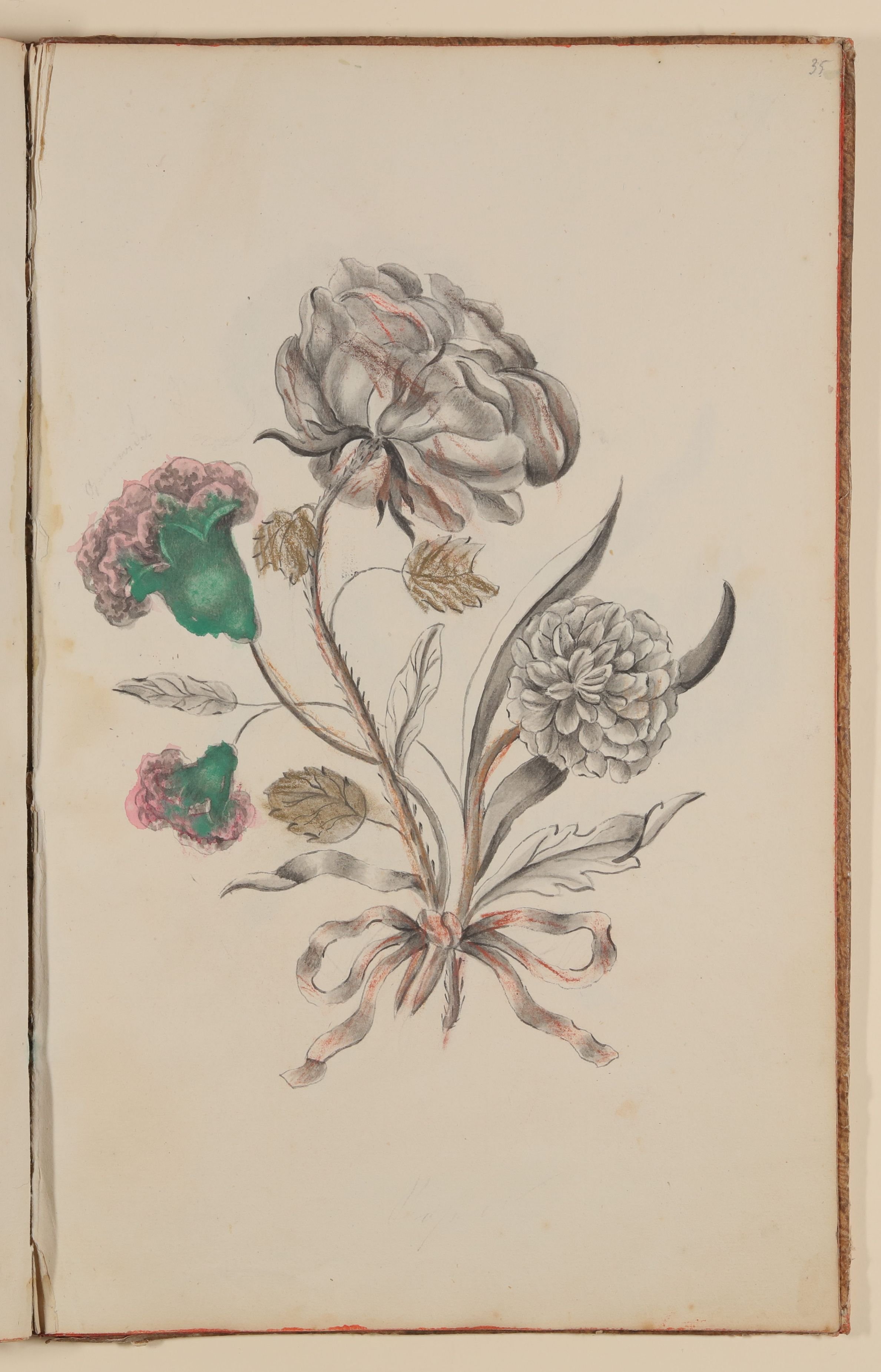 Blumenstrauß mit Dahlie, Rosen und Nelken [aus einem Skizzenbuch der Marianne Franziska Seiffert von Klettenberg] (Freies Deutsches Hochstift CC BY-NC-SA)