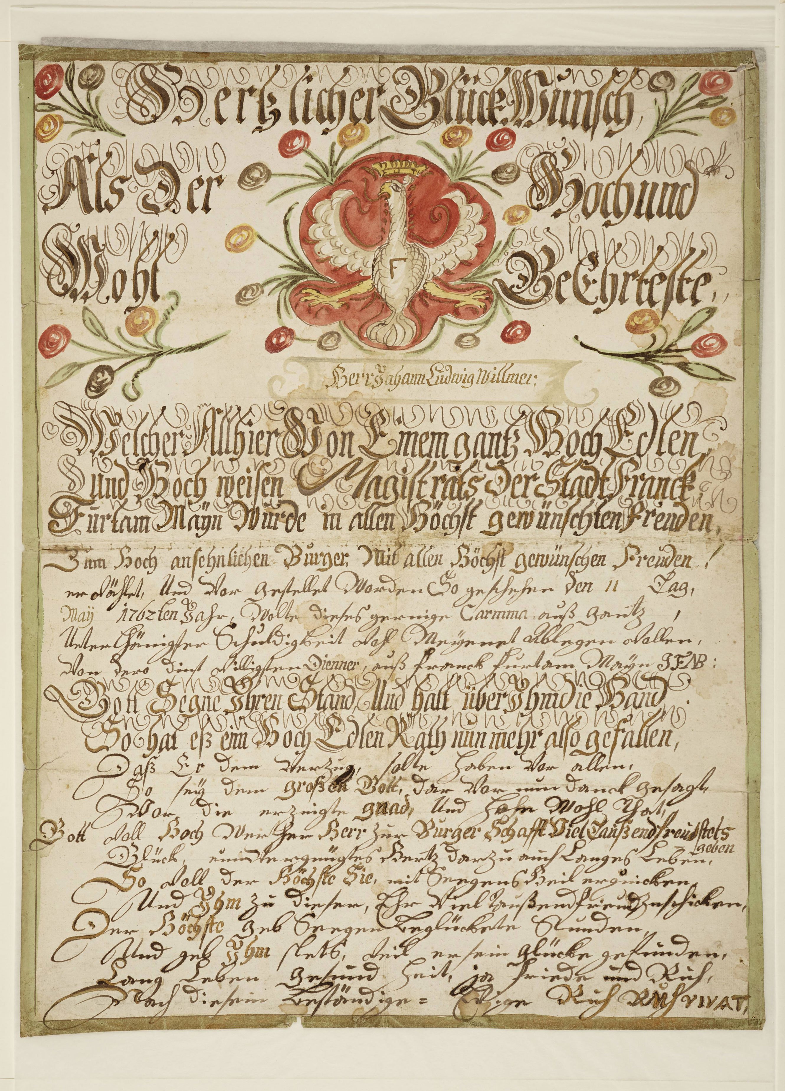 Urkunde zum Erwerb der Bürgerschaft für Johann Ludwig Willemer (Freies Deutsches Hochstift CC BY-NC-SA)