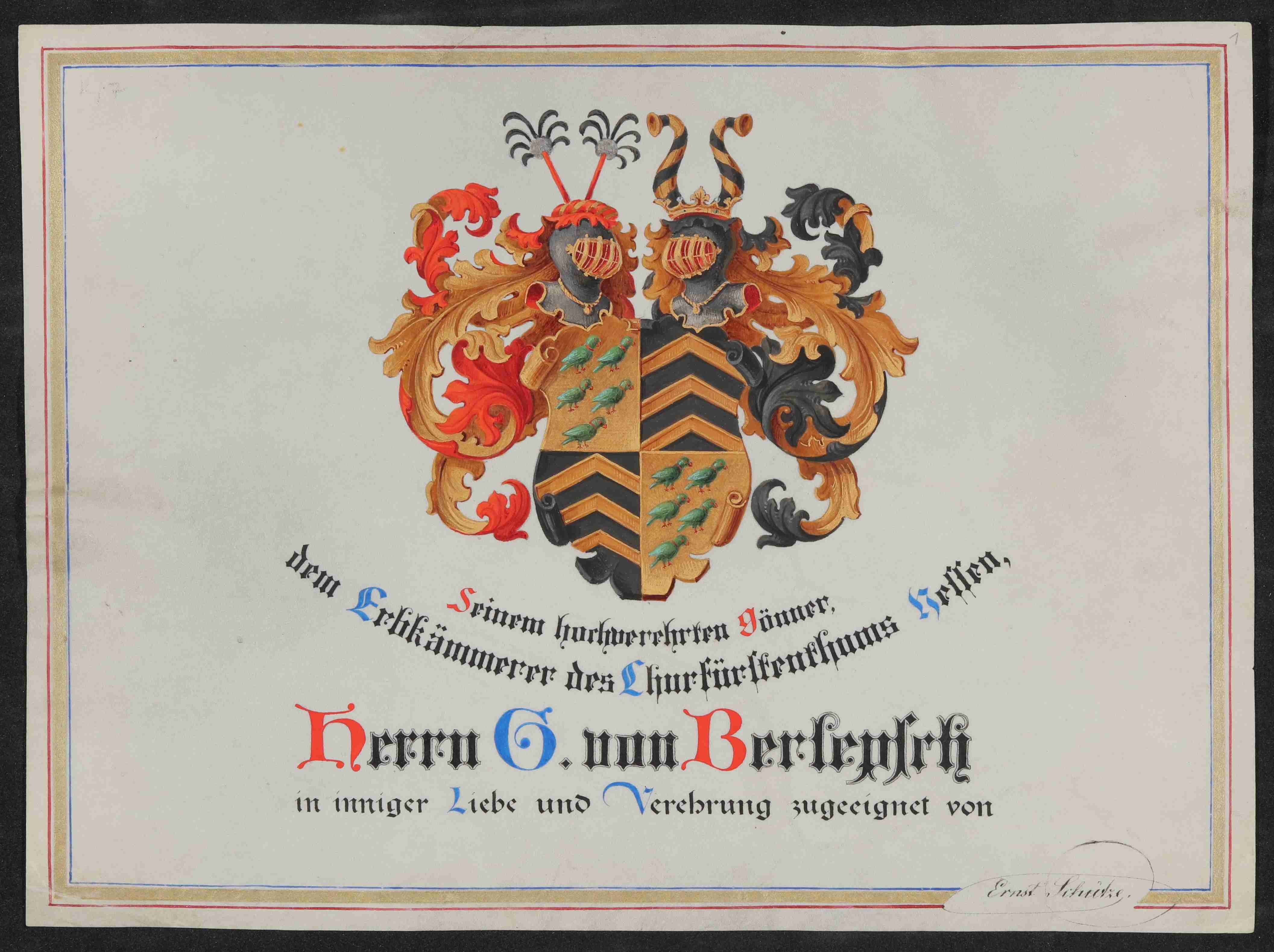 Vorsatzblatt mit dem Wappen des Freiherrn von Berlepsch [Aus dem Stammbuch des Freiherrn von Berlepsch] (Freies Deutsches Hochstift CC BY-NC-SA)