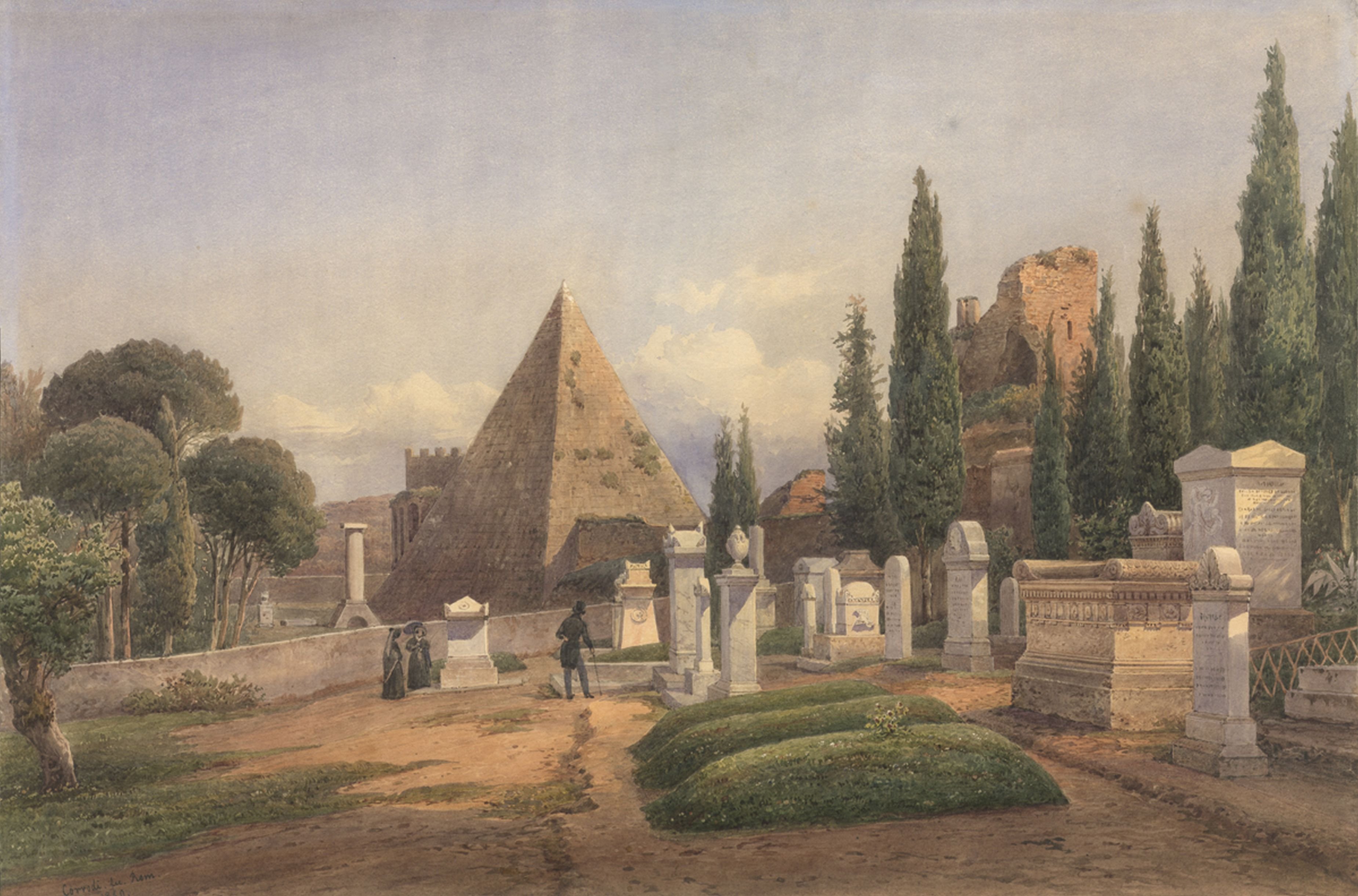 Ansicht des protestantischen Friedhofs in Rom, im Hintergrund die Cestius-Pyramide (Freies Deutsches Hochstift CC BY-NC-SA)