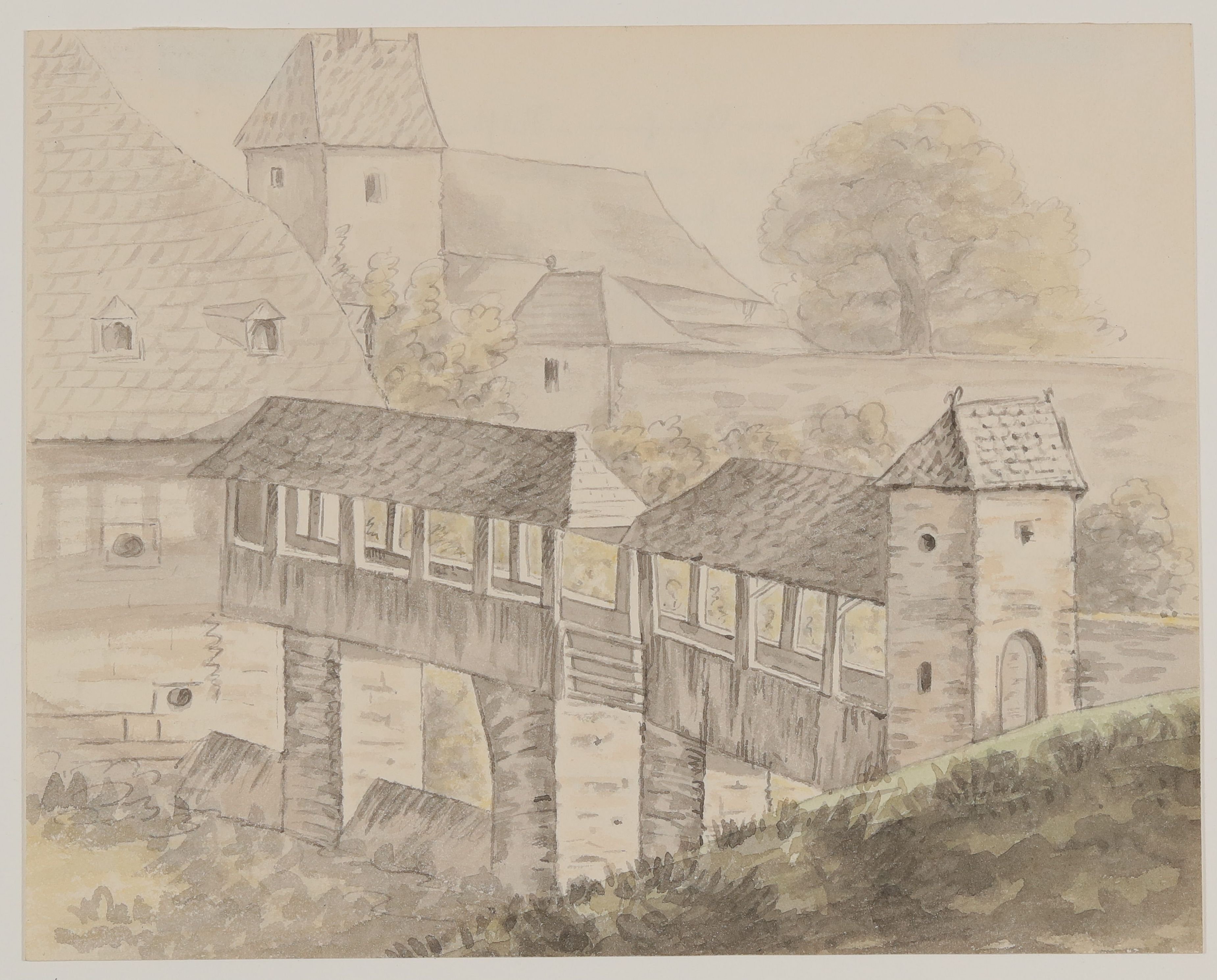 Ansicht eines Dorfes mit Kirche und überdachter Brücke (Freies Deutsches Hochstift CC BY-NC-SA)