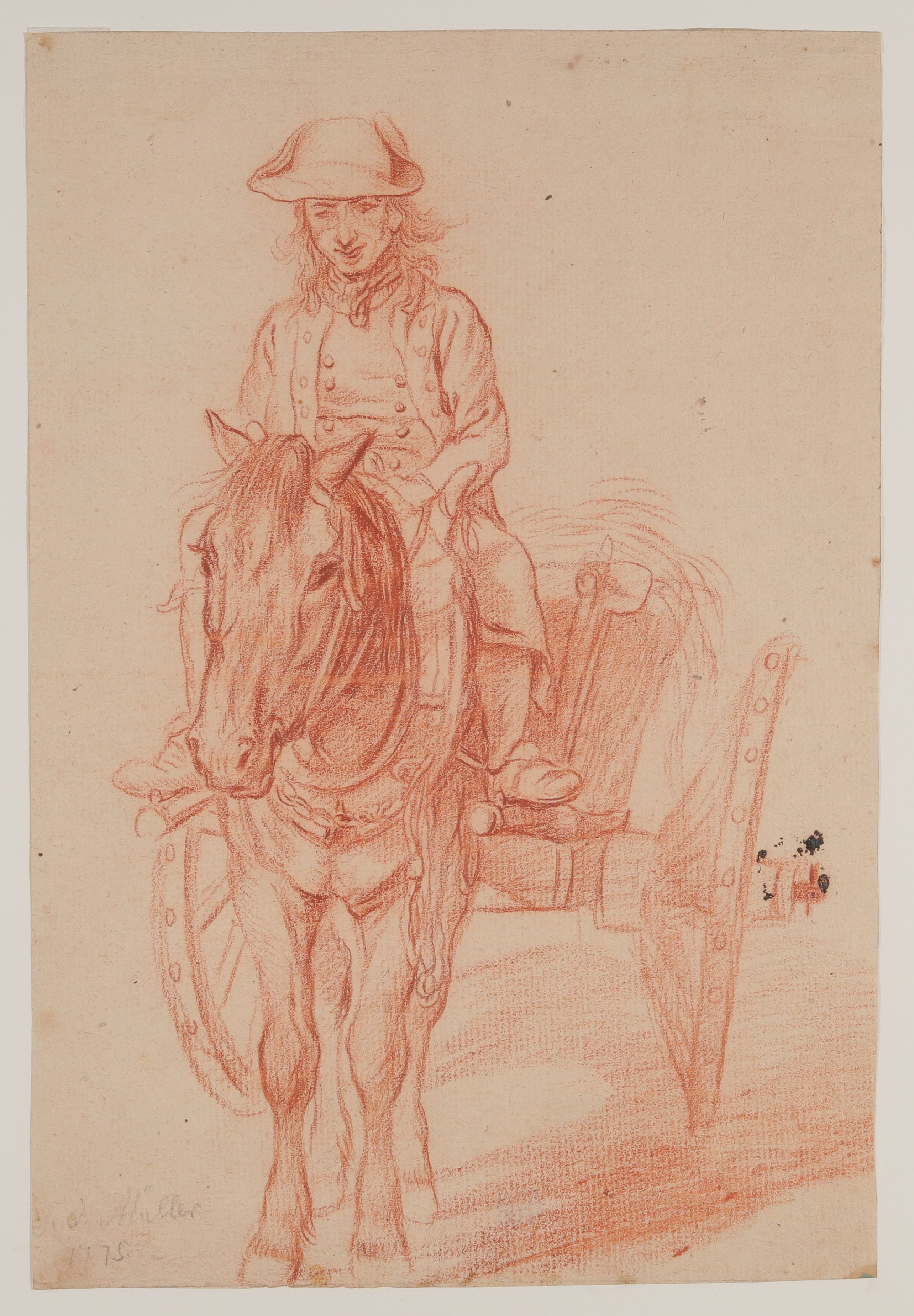 Bauer auf seinem Pferd vor einem Heuwagen (Freies Deutsches Hochstift CC BY-NC-SA)