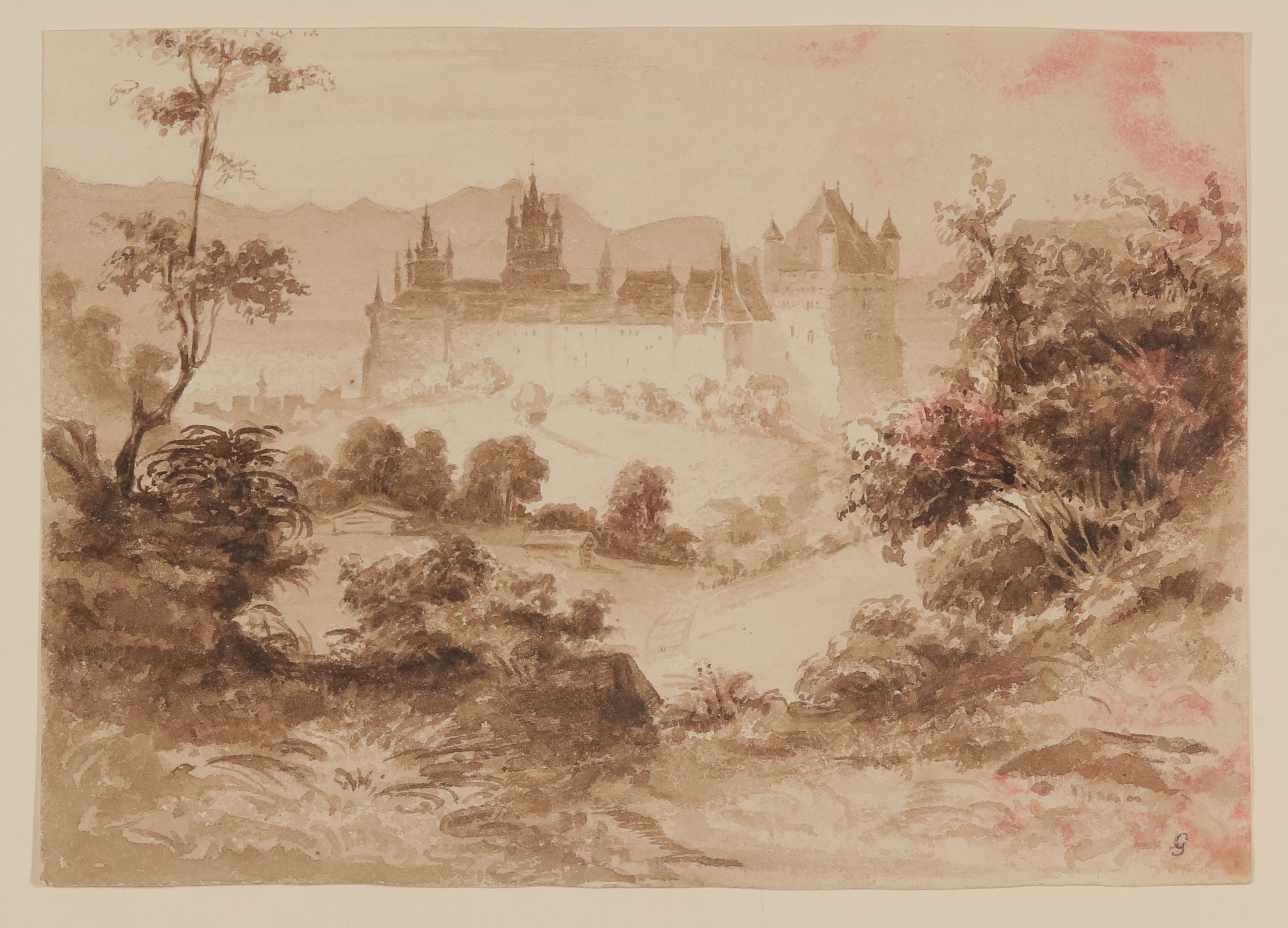 Baumlandschaft mit Blick auf ein Schloss vor Bergen [aus Mappe III aus dem Sommerhoff-Nachlass] (Freies Deutsches Hochstift / Frankfurter Goethe-Museum CC BY-NC-SA)