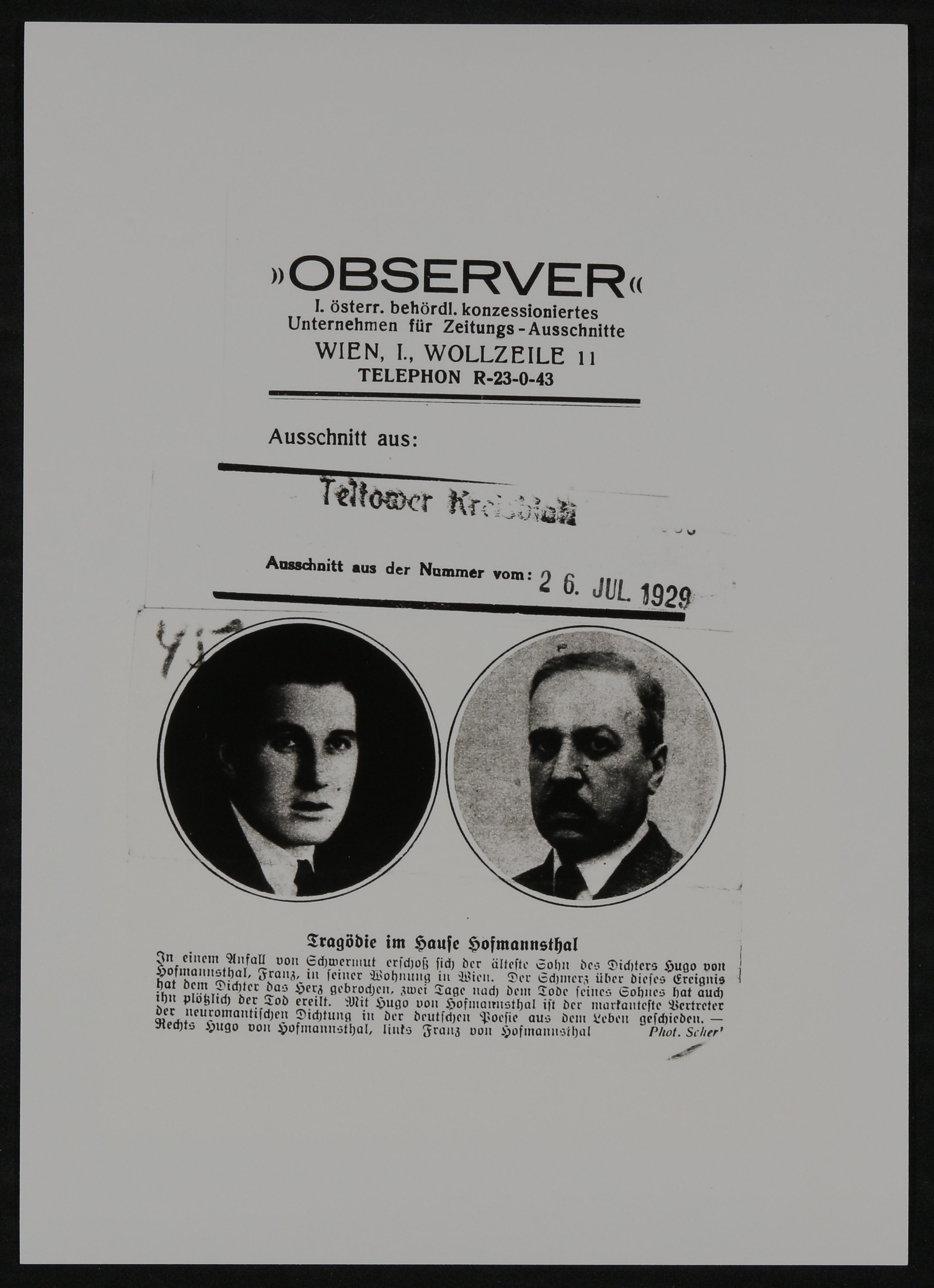 Ausschnitt aus "Teltower Kreisblatt" vom 26.07.1929 zum Tod von Franz und Hugo von Hofmannsthal (Observer) (Freies Deutsches Hochstift / Frankfurter Goethe-Museum CC BY-NC-SA)