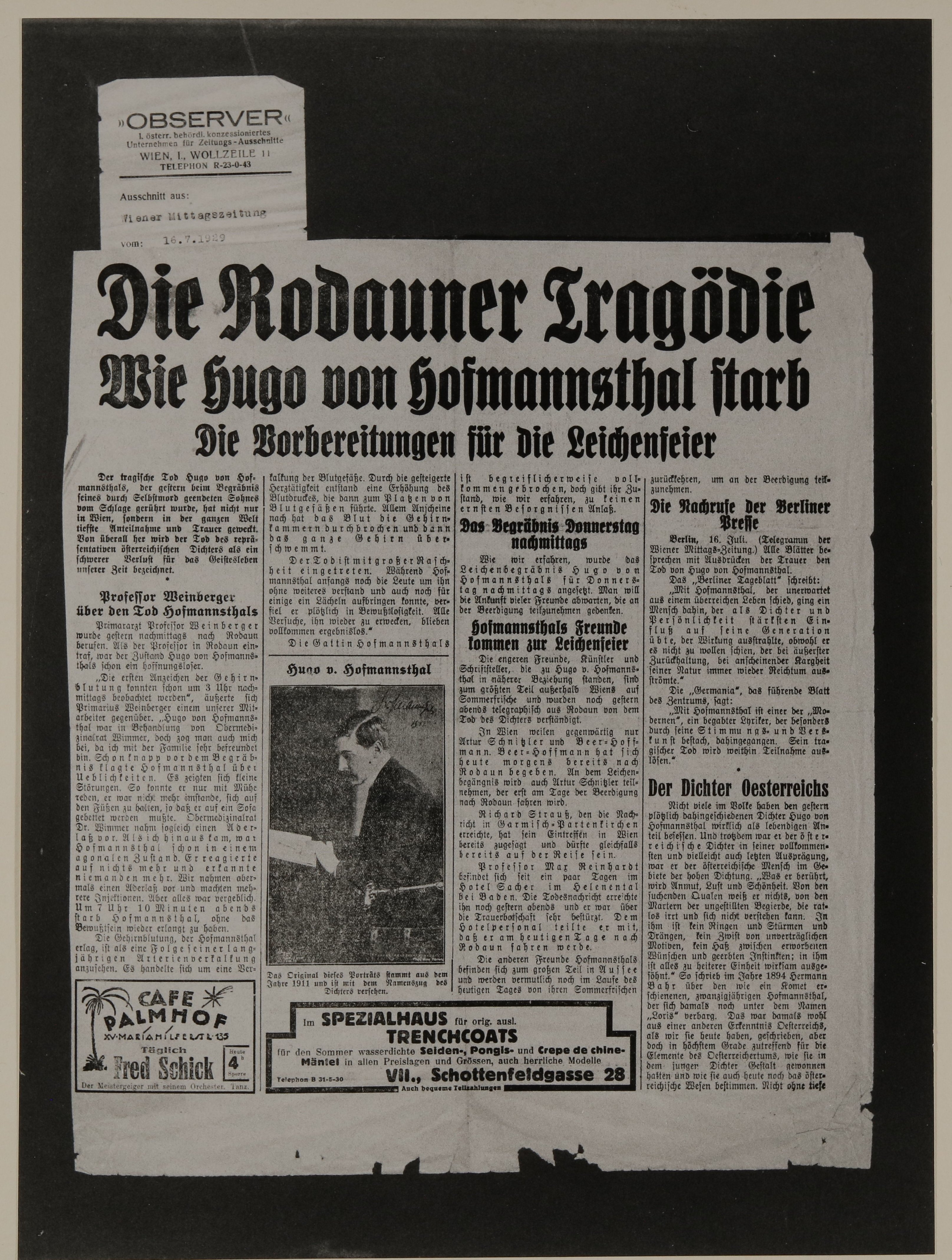 Ausschnitt aus "Wiener Mittagszeitung" vom 16.07.1929 zum Tod von Franz und Hugo von Hofmannsthal (Observer) (Freies Deutsches Hochstift / Frankfurter Goethe-Museum CC BY-NC-SA)