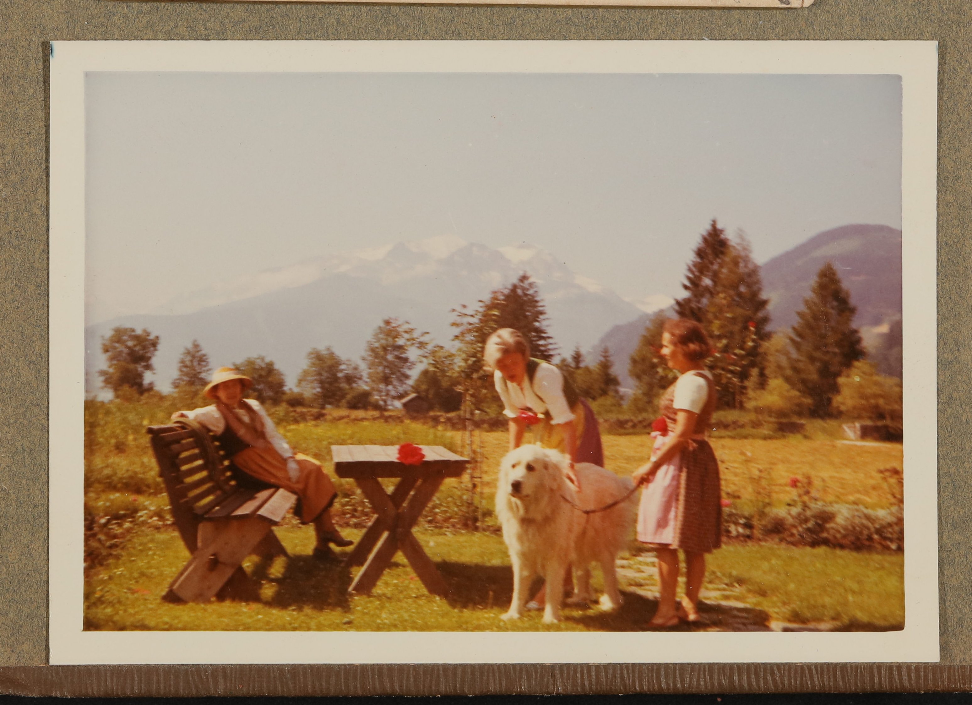 Drei Frauen und ein großer Hund an einem Holztisch in Aussee (Vera Graaf CC BY-NC-SA)
