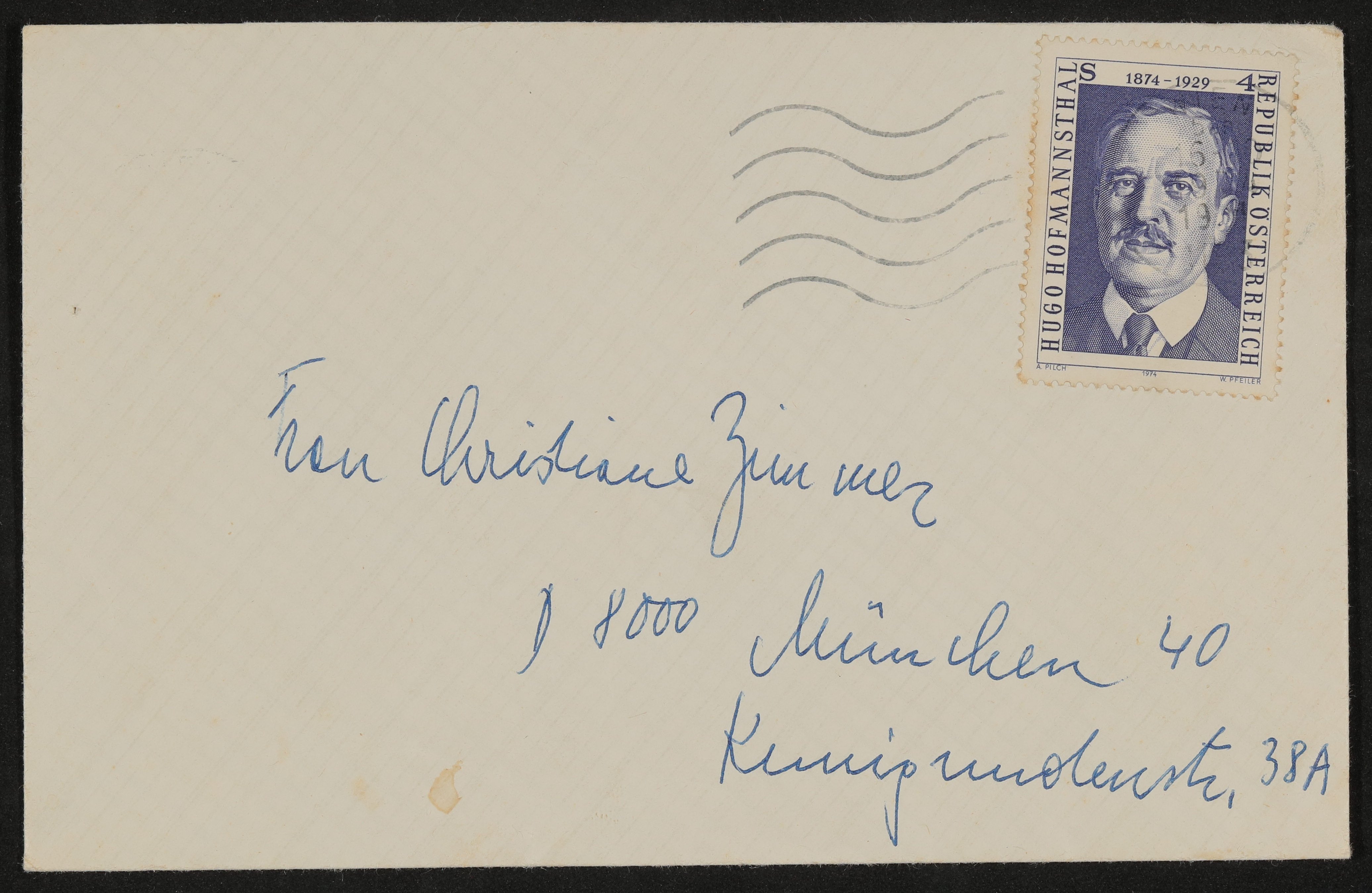 Brief an Christiane Zimmer mit österreichischer Briefmarke von 1974, auf der Hofmannsthal abgebildet ist (Vera Graaf CC BY-NC-SA)