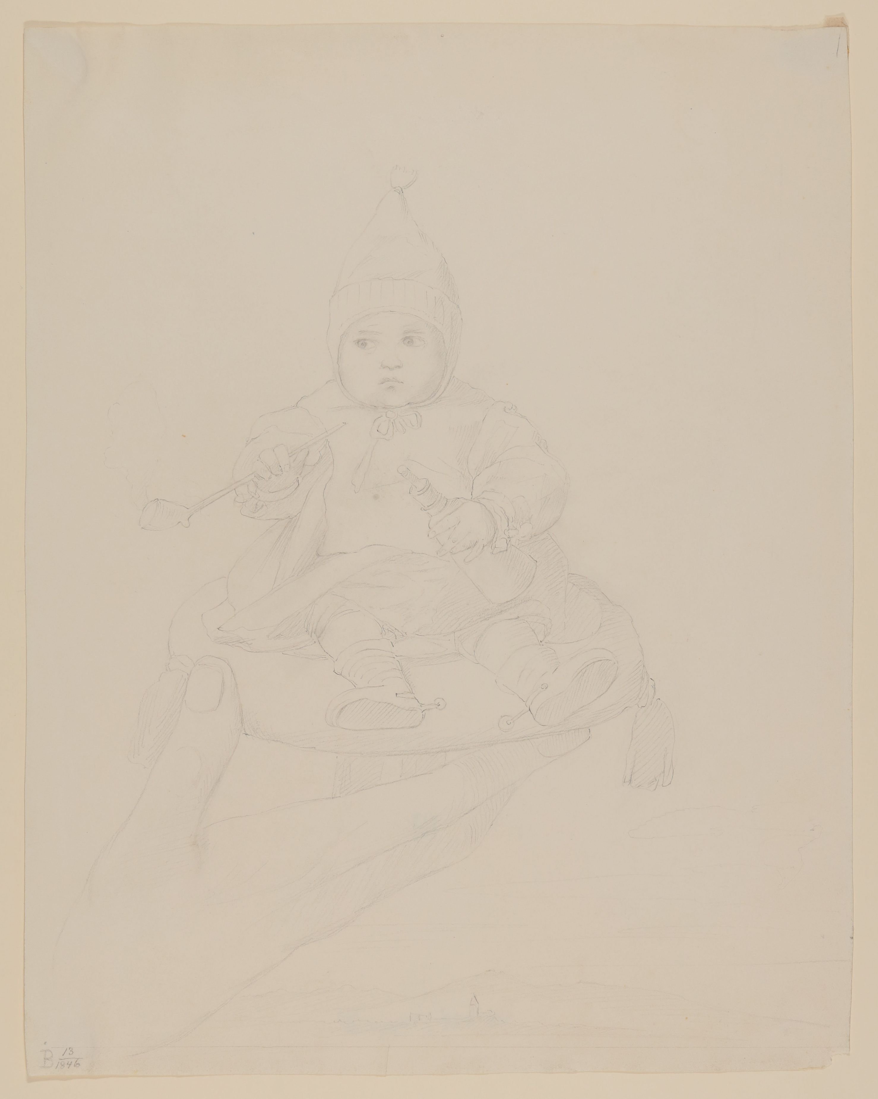 Kind mit Pfeife und Fläschchen auf einer großen Hand [aus Mappe III aus dem Sommerhoff-Nachlass] (Freies Deutsches Hochstift / Frankfurter Goethe-Museum CC BY-NC-SA)