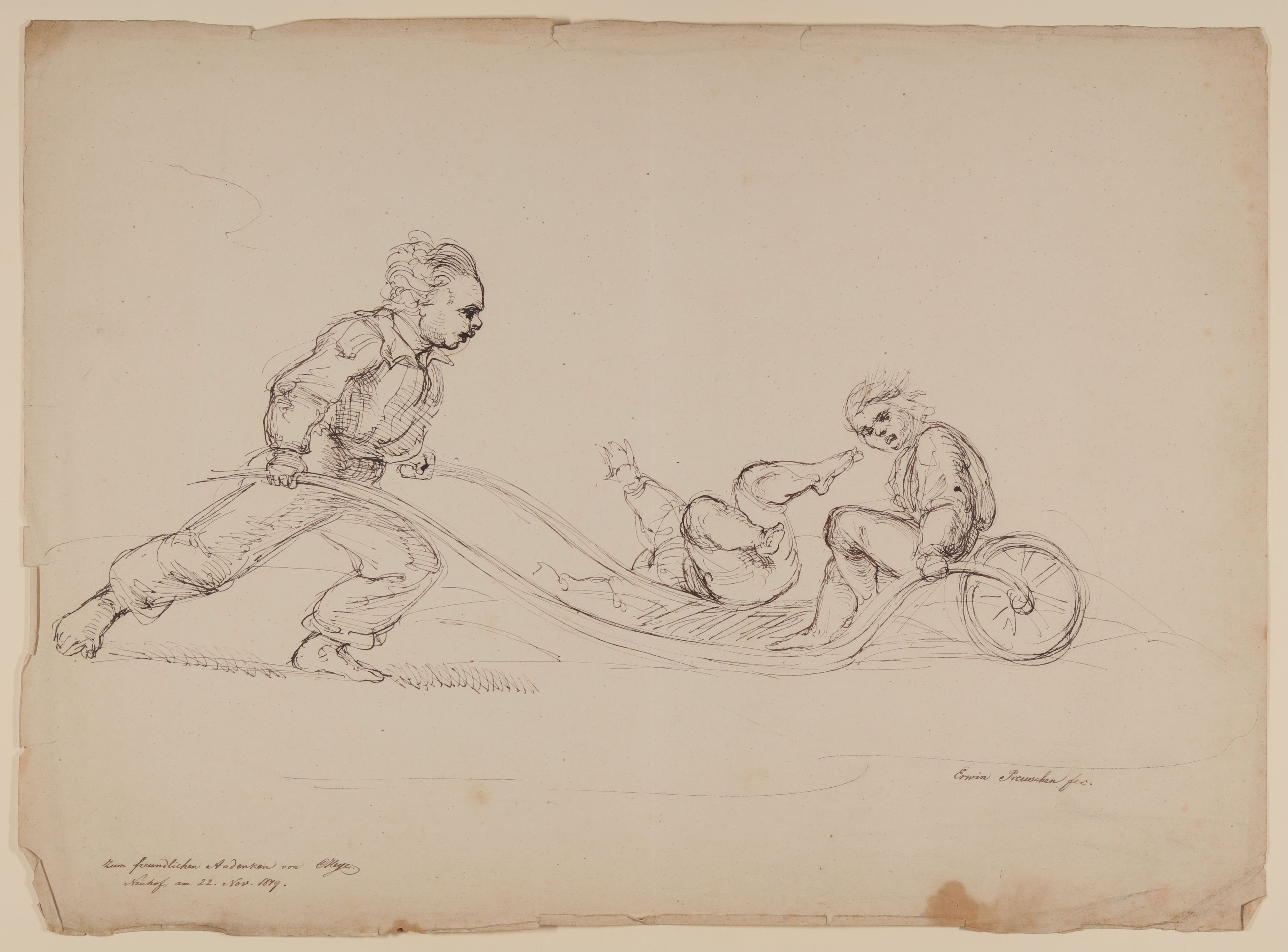 Mann mit einer Schubkarre, darauf ein Sitzender sowie ein Umgefallener [aus Mappe III aus dem Sommerhoff-Nachlass] (Freies Deutsches Hochstift / Frankfurter Goethe-Museum CC BY-NC-SA)