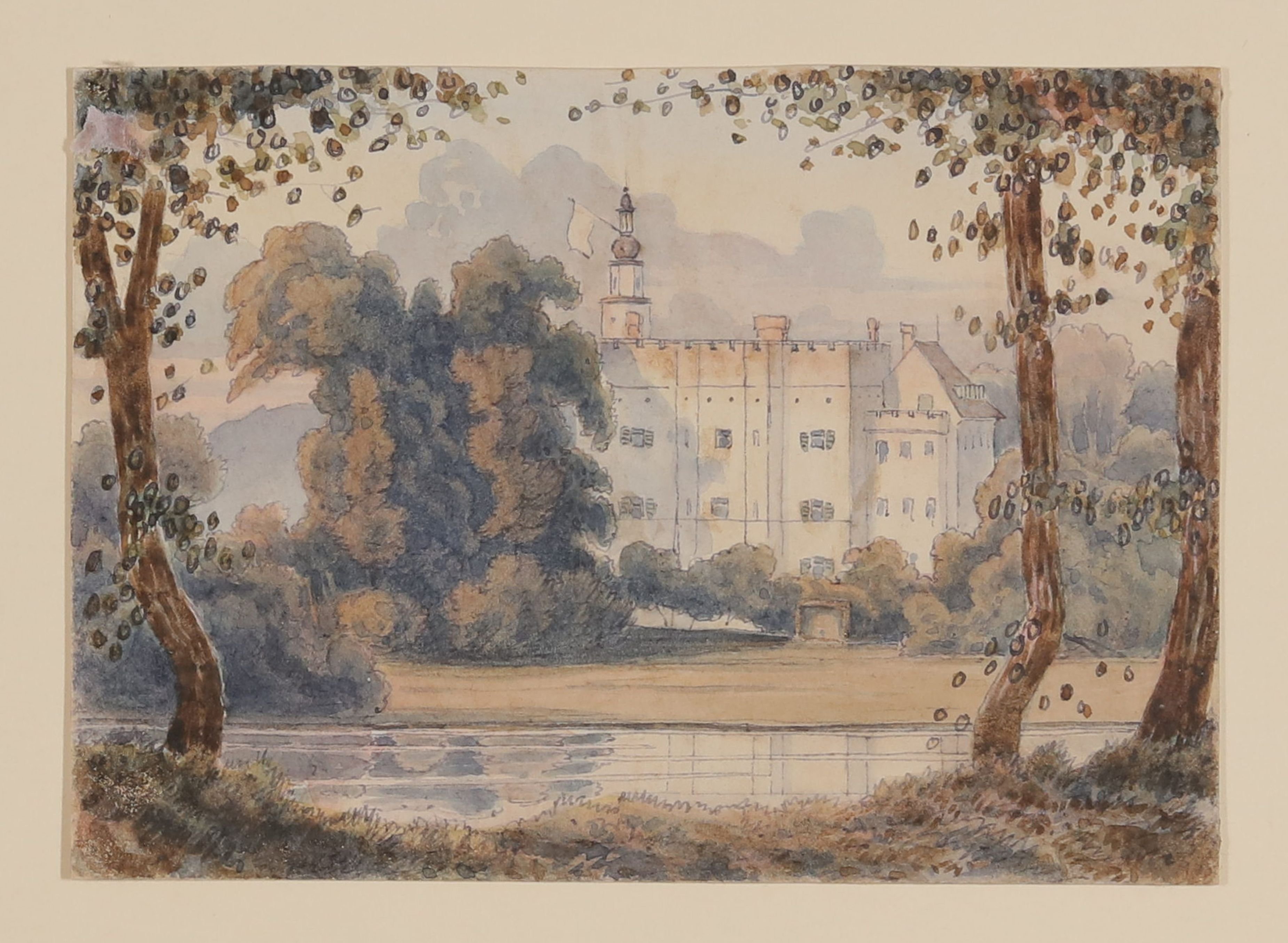 Schloss (Schloss Fischbach in Schlesien ?) hinter Bäumen an einem See [aus Mappe III aus dem Sommerhoff-Nachlass] (Freies Deutsches Hochstift / Frankfurter Goethe-Museum CC BY-NC-SA)