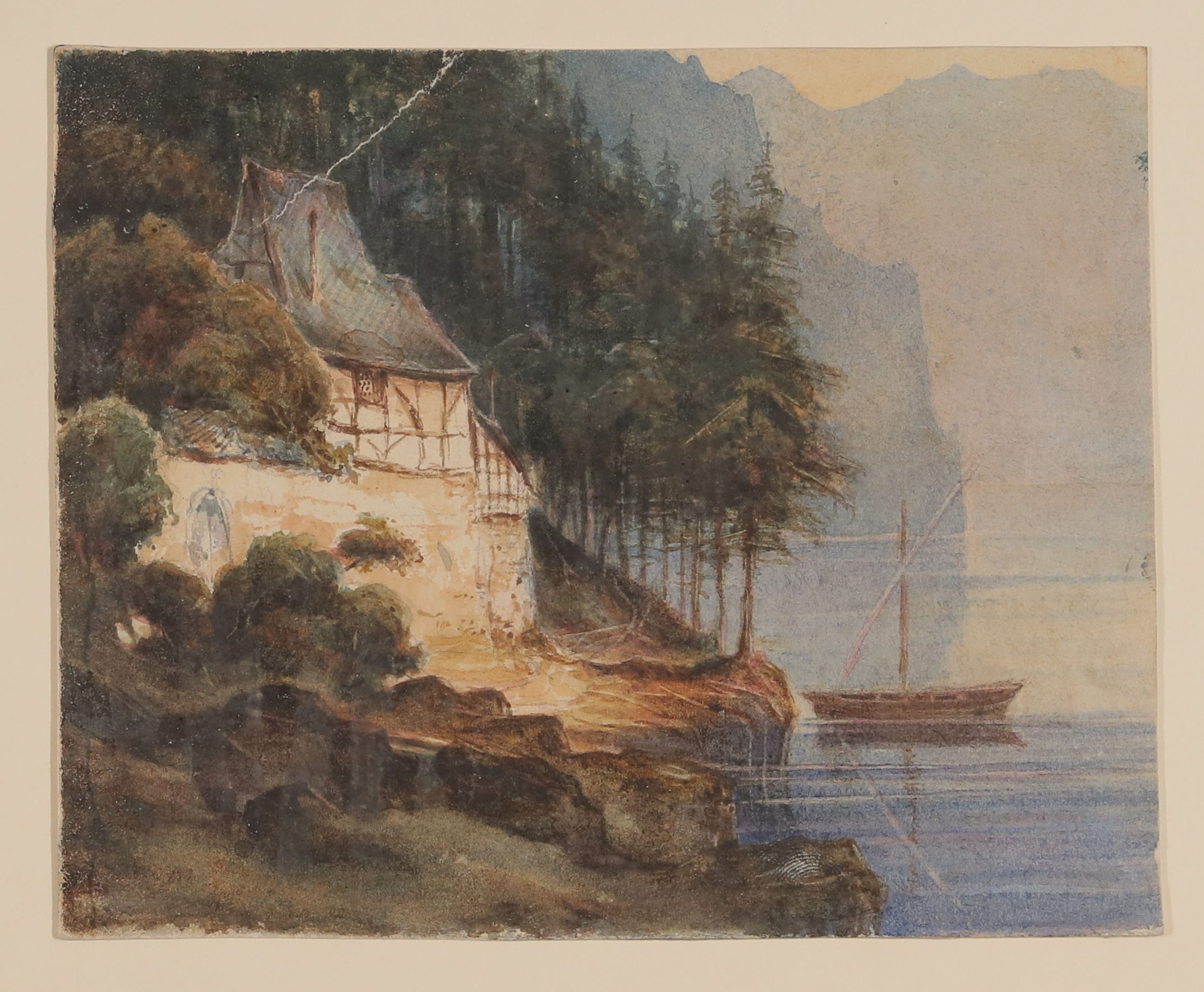 Uferlandschaft mit Kate und Boot, im Hintergrund Berge [aus Mappe III aus dem Sommerhoff-Nachlass] (Freies Deutsches Hochstift / Frankfurter Goethe-Museum CC BY-NC-SA)