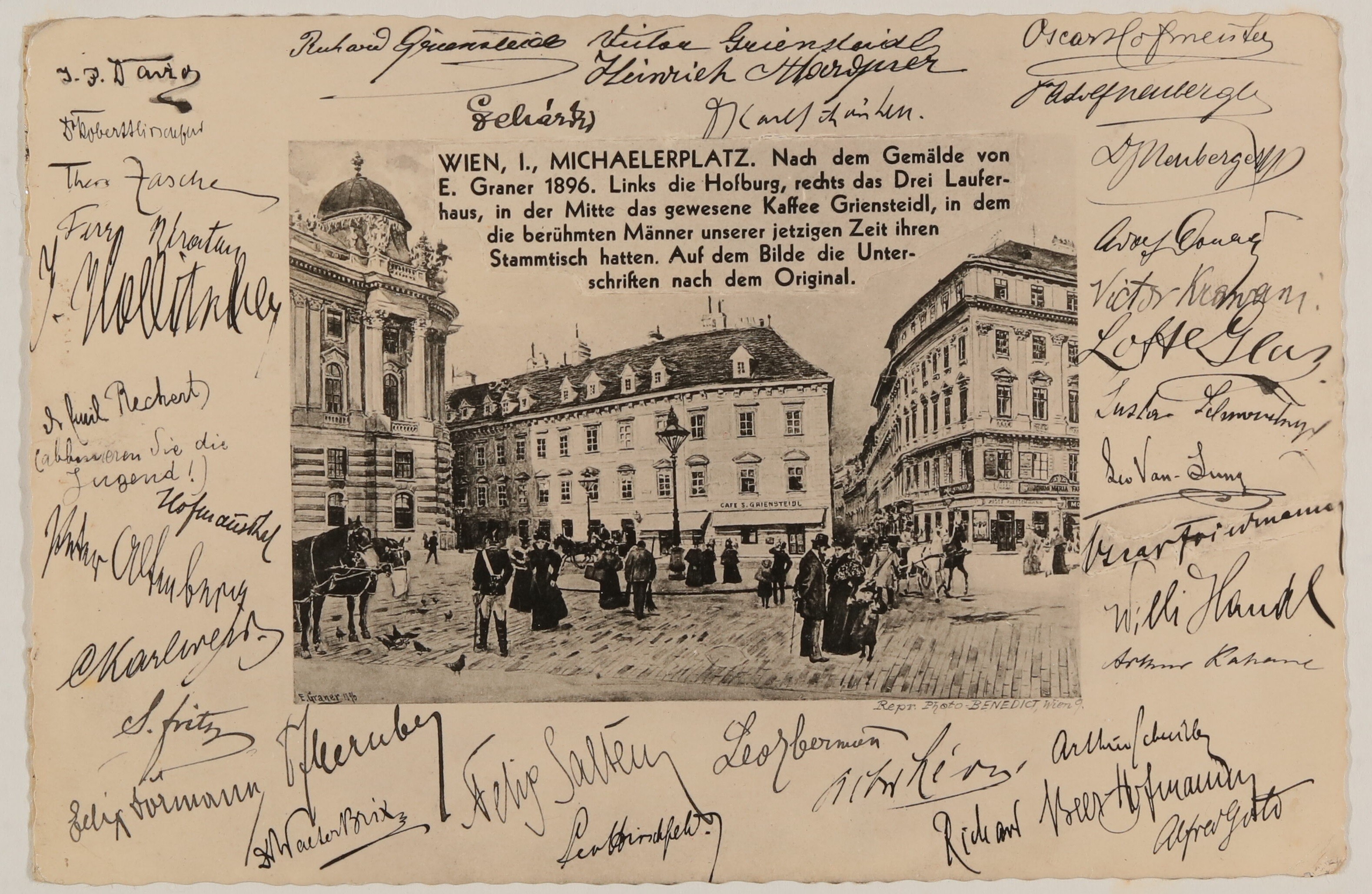 Ansichtskarte vom Wiener Michaelerplatz mit Café Griensteidl, nach einem Gemälde von E. Graner 1896, mit den Unterschriften der Literaten und Persönli (Freies Deutsches Hochstift / Frankfurter Goethe-Museum CC BY-NC-SA)