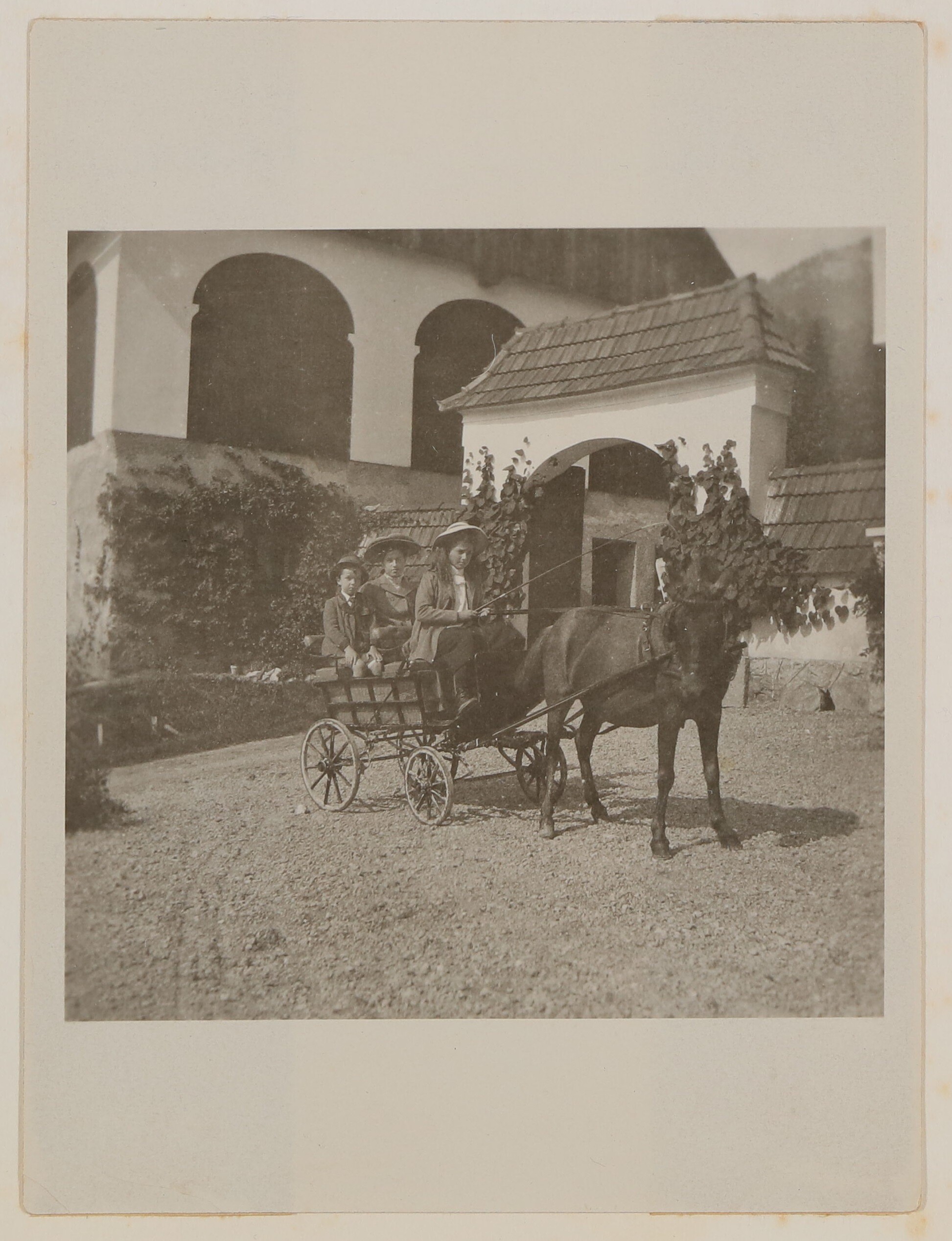 Arch. Fanny, Mary Mayl-Melnhof, Kurt Panz, in Pferdekutsche, Steinach 1910 (beschriftet von Gerty) (Freies Deutsches Hochstift / Frankfurter Goethe-Museum CC BY-NC-SA)