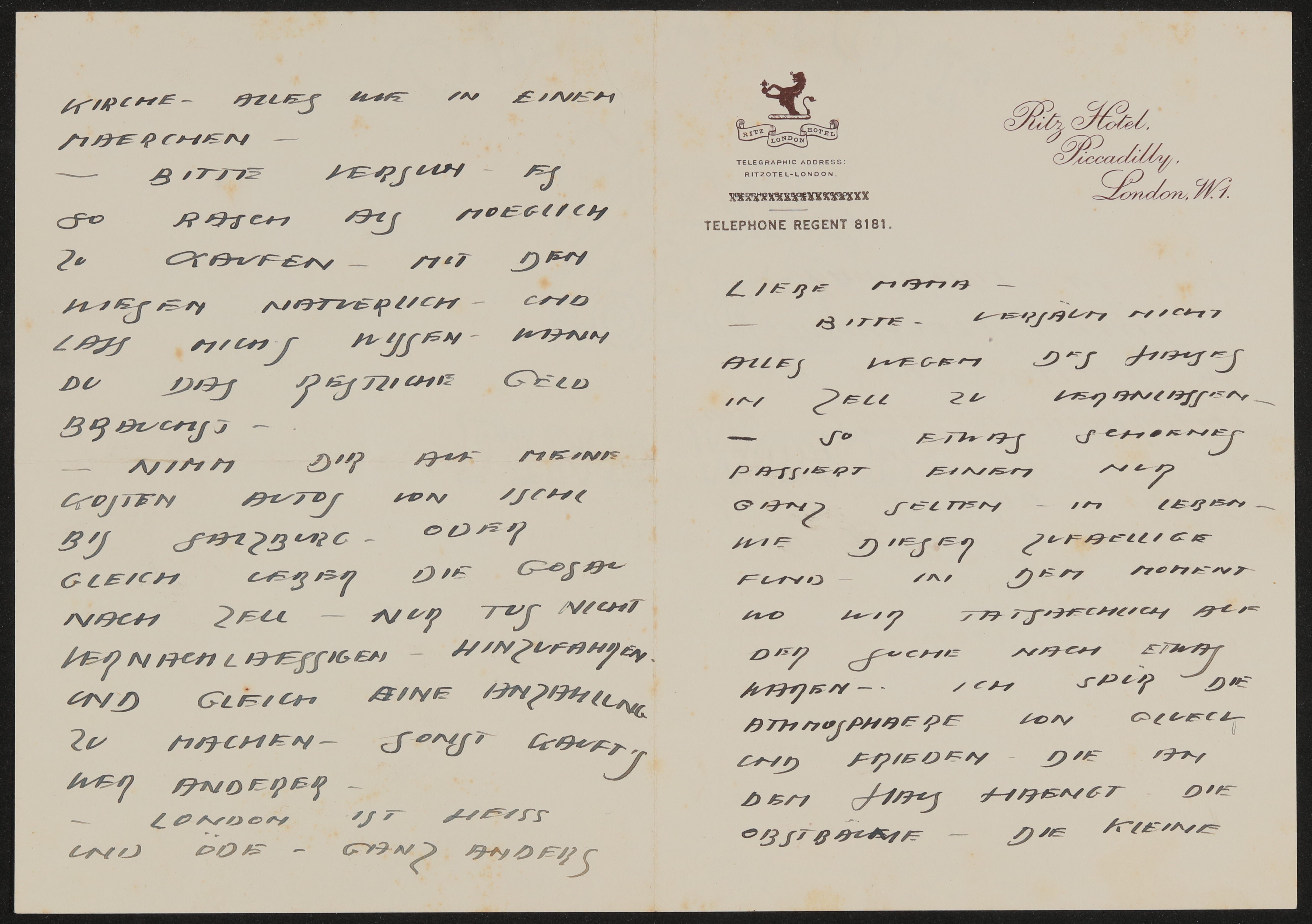 Handschriftlicher Brief von Raimund an Gerty von Hofmannsthal aus London (Ritz Hotel Piccadilly), 1 Doppelblatt, 3 Seiten (Freies Deutsches Hochstift / Frankfurter Goethe-Museum CC BY-NC-SA)
