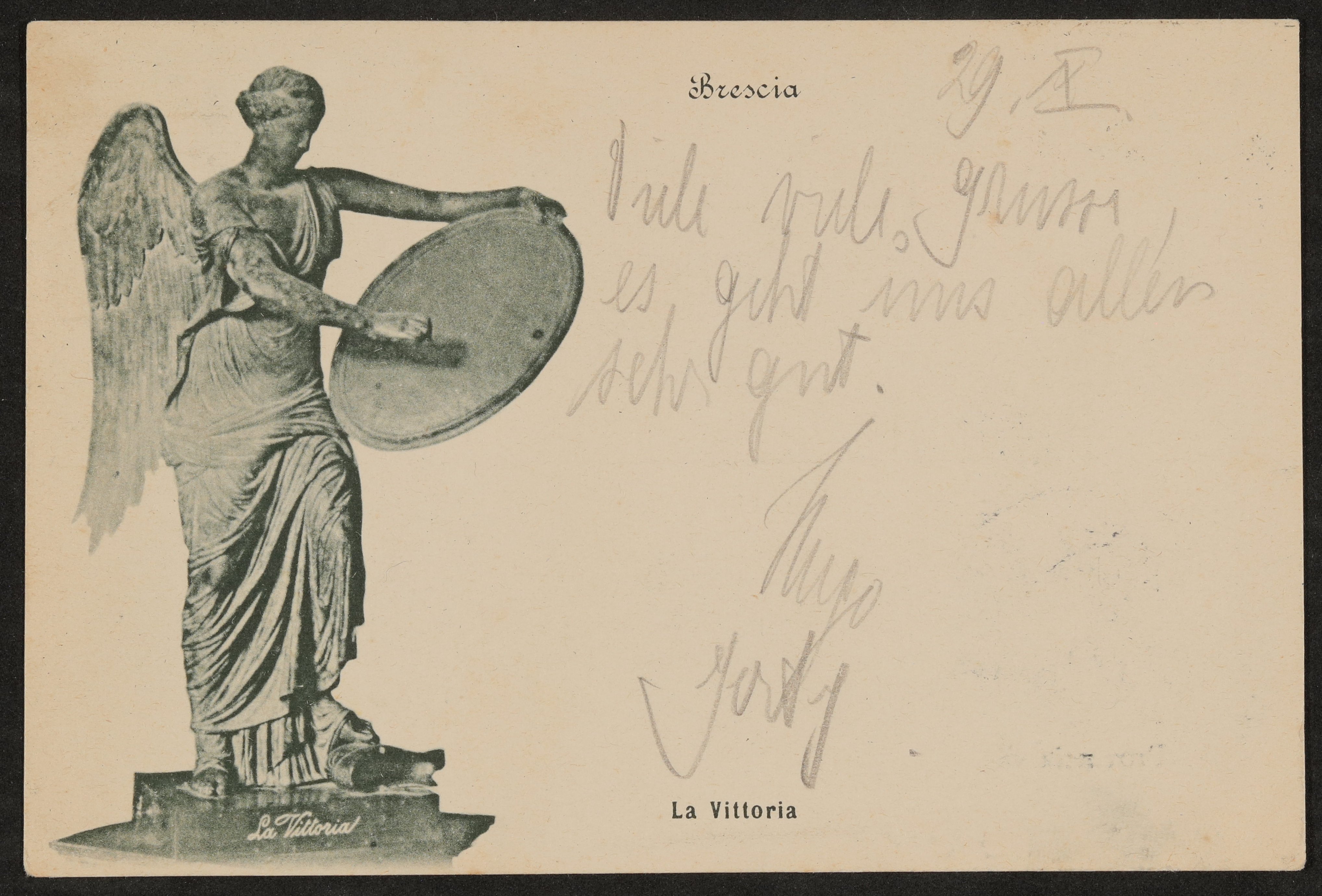 Ansichtskarte der Statue "La Vittoria" (Brescia) von Hugo und Gerty von Hofmannsthal an Anna von Hofmannsthal VERMISST (Freies Deutsches Hochstift / Frankfurter Goethe-Museum Public Domain Mark)