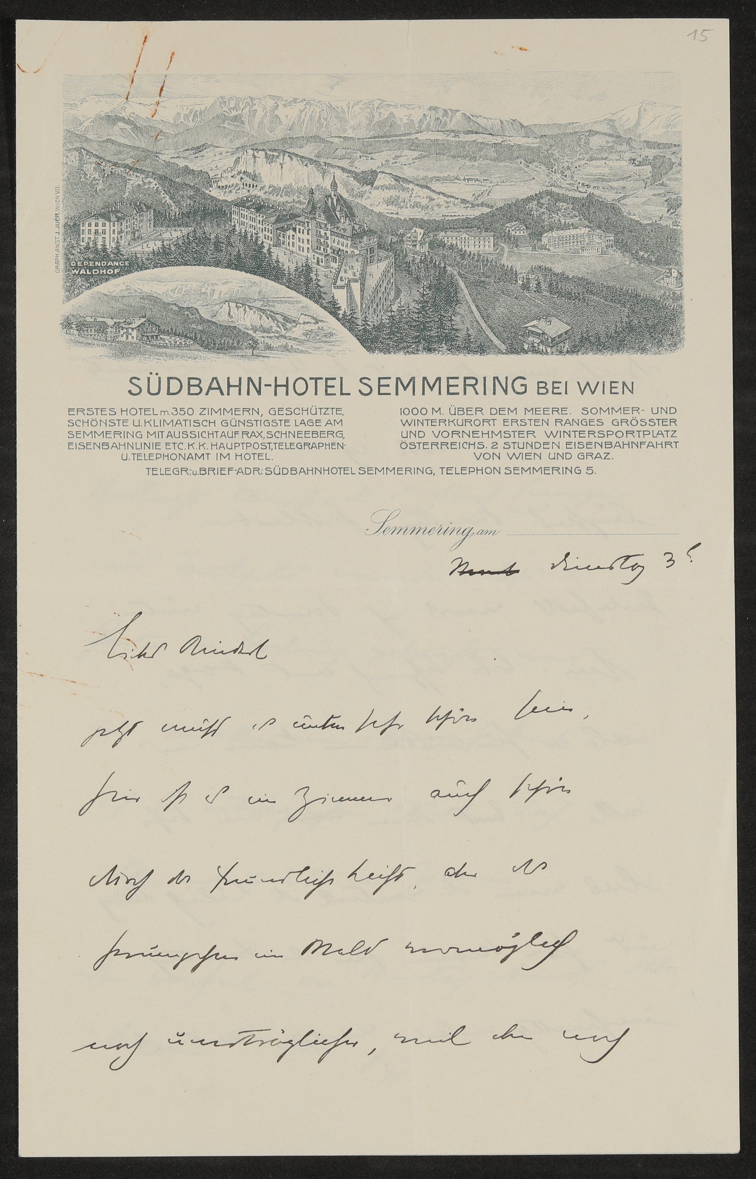 Brief vom [31.03.1914] von Hugo an Gerty von Hofmannsthal mit Briefkopf des Südbahn-Hotels Semmering bei Wien (Freies Deutsches Hochstift / Frankfurter Goethe-Museum CC BY-NC-SA)