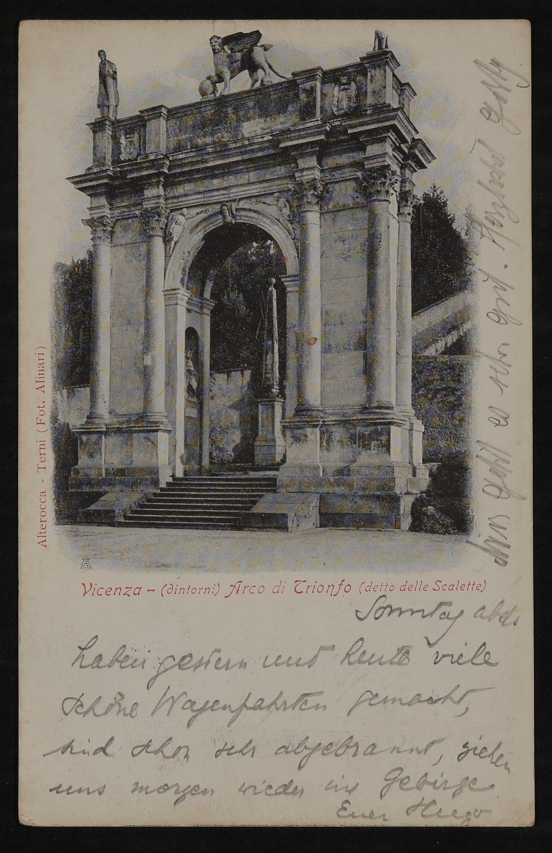 Ansichtskarte von Hofmannsthal an seine Mutter aus Vicenza mit dem Triumphbogen Arco delle Scalette (Freies Deutsches Hochstift / Frankfurter Goethe-Museum Public Domain Mark)