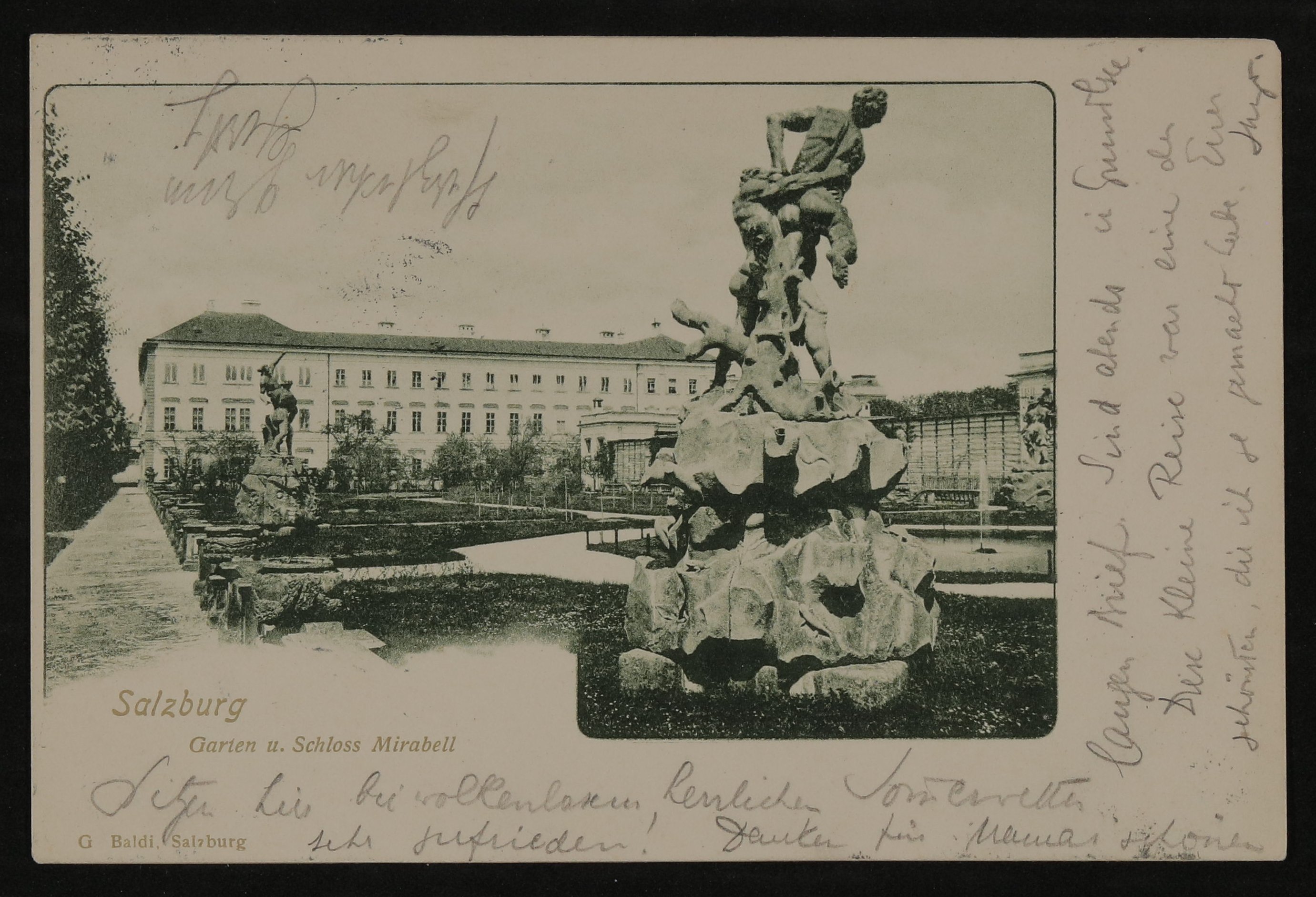 Ansichtskarte von Hofmannsthal an seine Mutter mit Ansicht von Garten und Schloss Mirabell in Salzburg (Freies Deutsches Hochstift / Frankfurter Goethe-Museum Public Domain Mark)