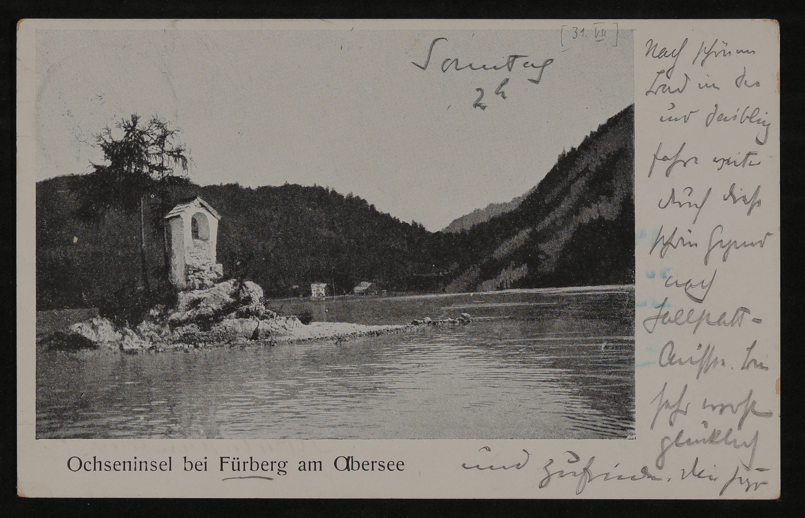 Ansichtskarte von Hofmannsthal an seinen Vater mit Ansicht der "Ochseninsel bei Fürberg am Obersee" (Metzgerinsel mit Bildstock Ochsenkreuz im Wolfgan (Freies Deutsches Hochstift / Frankfurter Goethe-Museum CC BY-NC-SA)