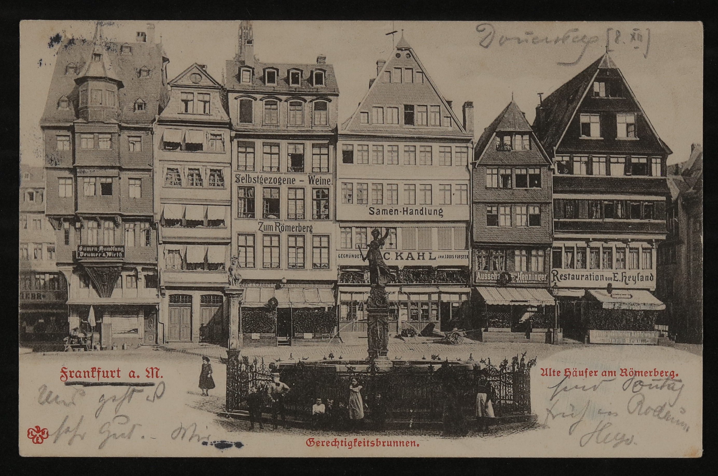 Ansichtskarte von Hofmannsthal an seinen Vater mit Ansicht des Römerbergs in Frankfurt am Main (Freies Deutsches Hochstift / Frankfurter Goethe-Museum CC BY-NC-SA)