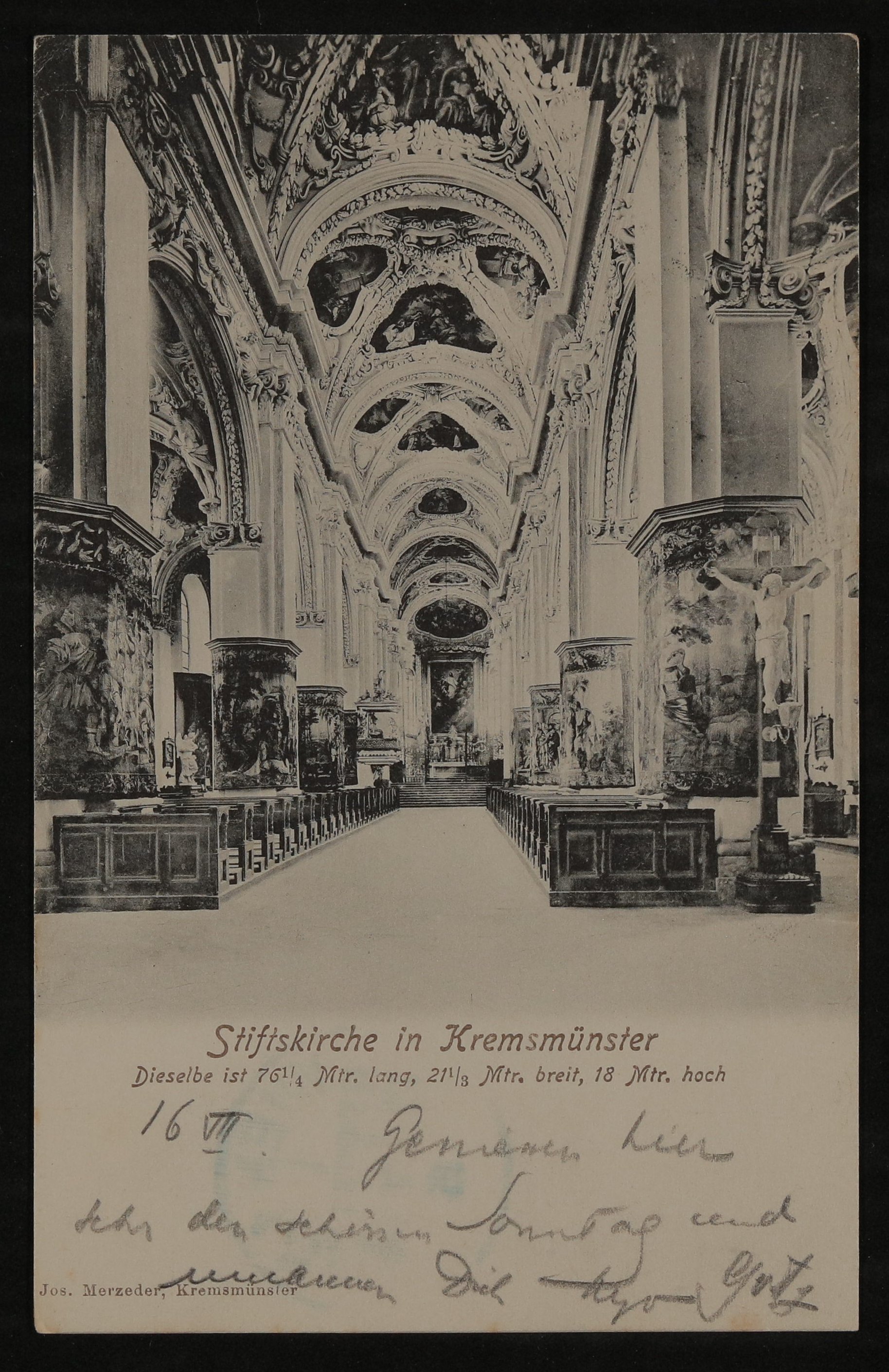 Ansichtskarte von Hofmannsthal an seinen Vater mit Ansicht des Innenraums der Stiftskirche in Kremsmünster (Freies Deutsches Hochstift / Frankfurter Goethe-Museum CC BY-NC-SA)