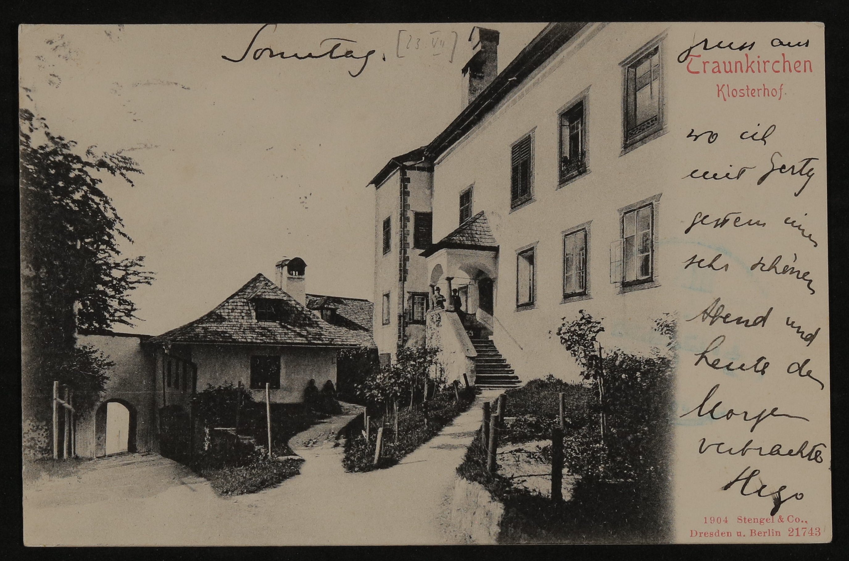 Ansichtskarte von Hofmannsthal an seinen Vater mit Ansicht des Klosterhofs in Traunkirchen (Freies Deutsches Hochstift / Frankfurter Goethe-Museum CC BY-NC-SA)