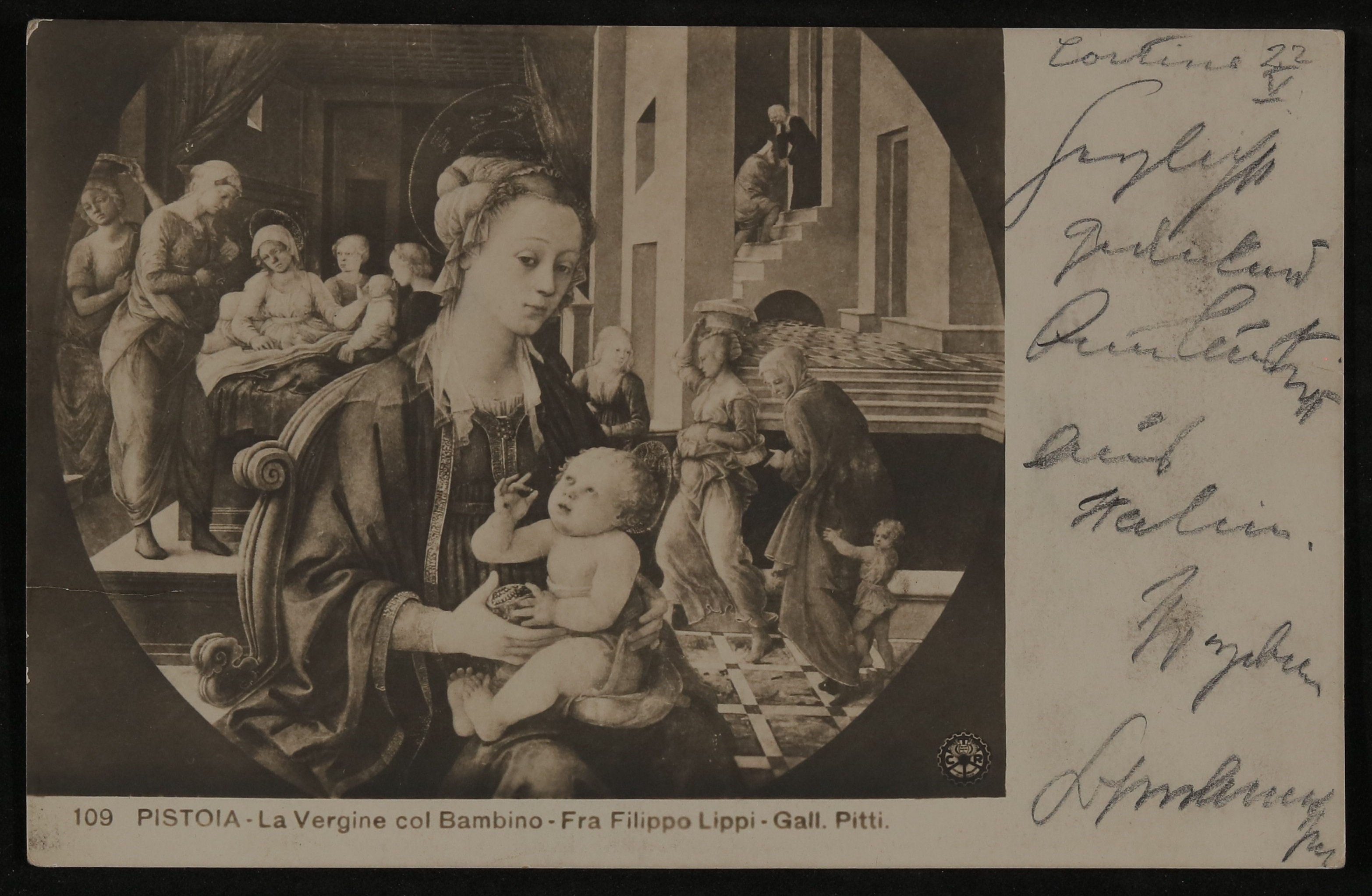 Ansichtskarte von Hofmannsthal an Pfarrer Johannes Pichler mit dem Gemälde von Fra Filippo Lippi: Madonna mit Kind (Freies Deutsches Hochstift / Frankfurter Goethe-Museum CC BY-NC-SA)