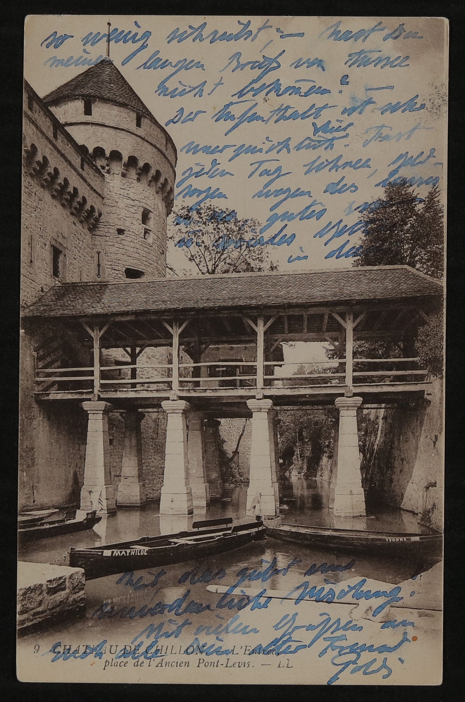 Ansichtskarte von Leopold von Andrian an Hofmannsthal mit Ansicht von Chateau de Chillon (Freies Deutsches Hochstift / Frankfurter Goethe-Museum CC BY-NC-SA)