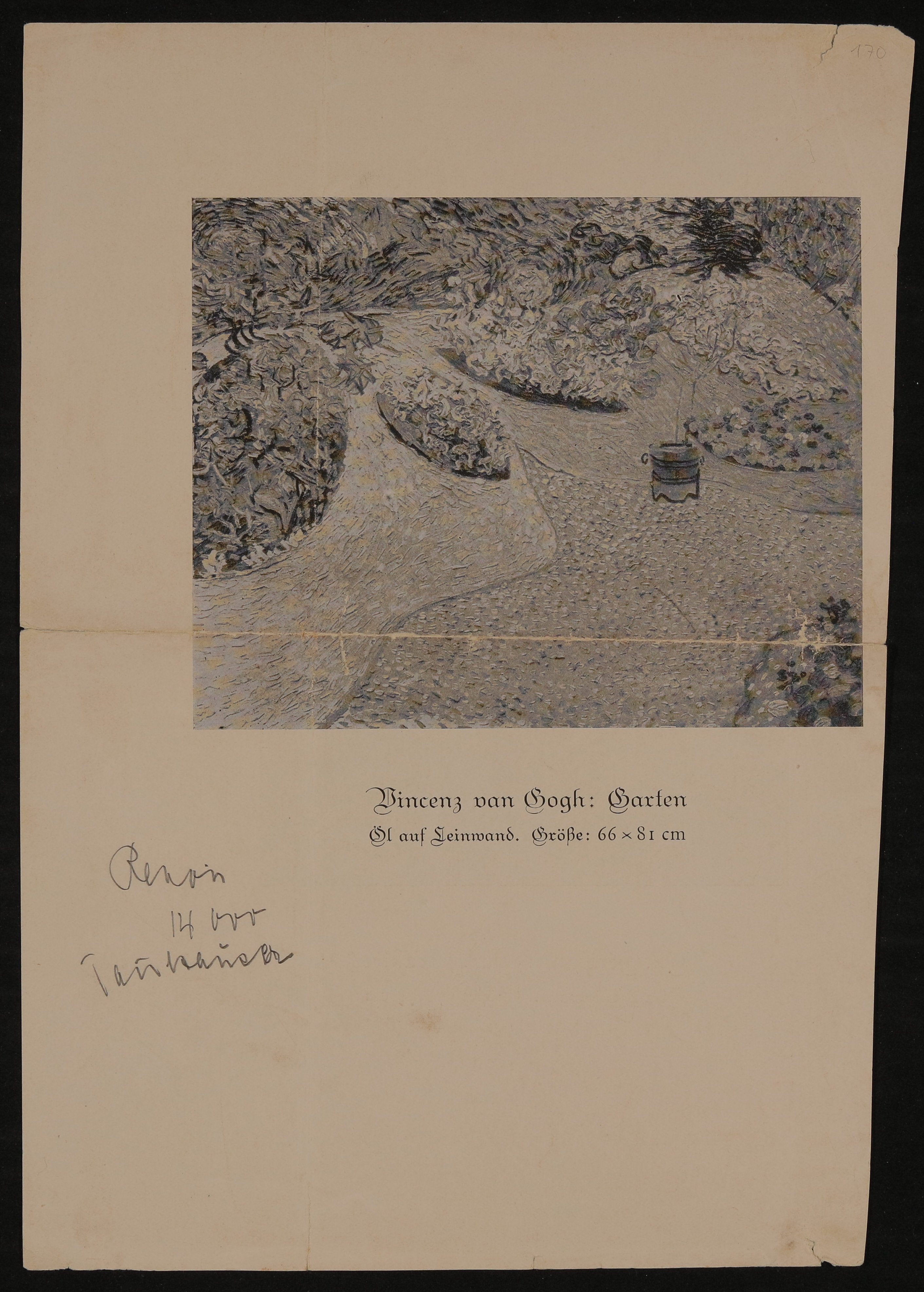 Katalogblatt von Ottonie von Degenfeld an Hofmannsthal mit Gartenbild von Vincent van Gogh (Freies Deutsches Hochstift / Frankfurter Goethe-Museum CC BY-NC-SA)