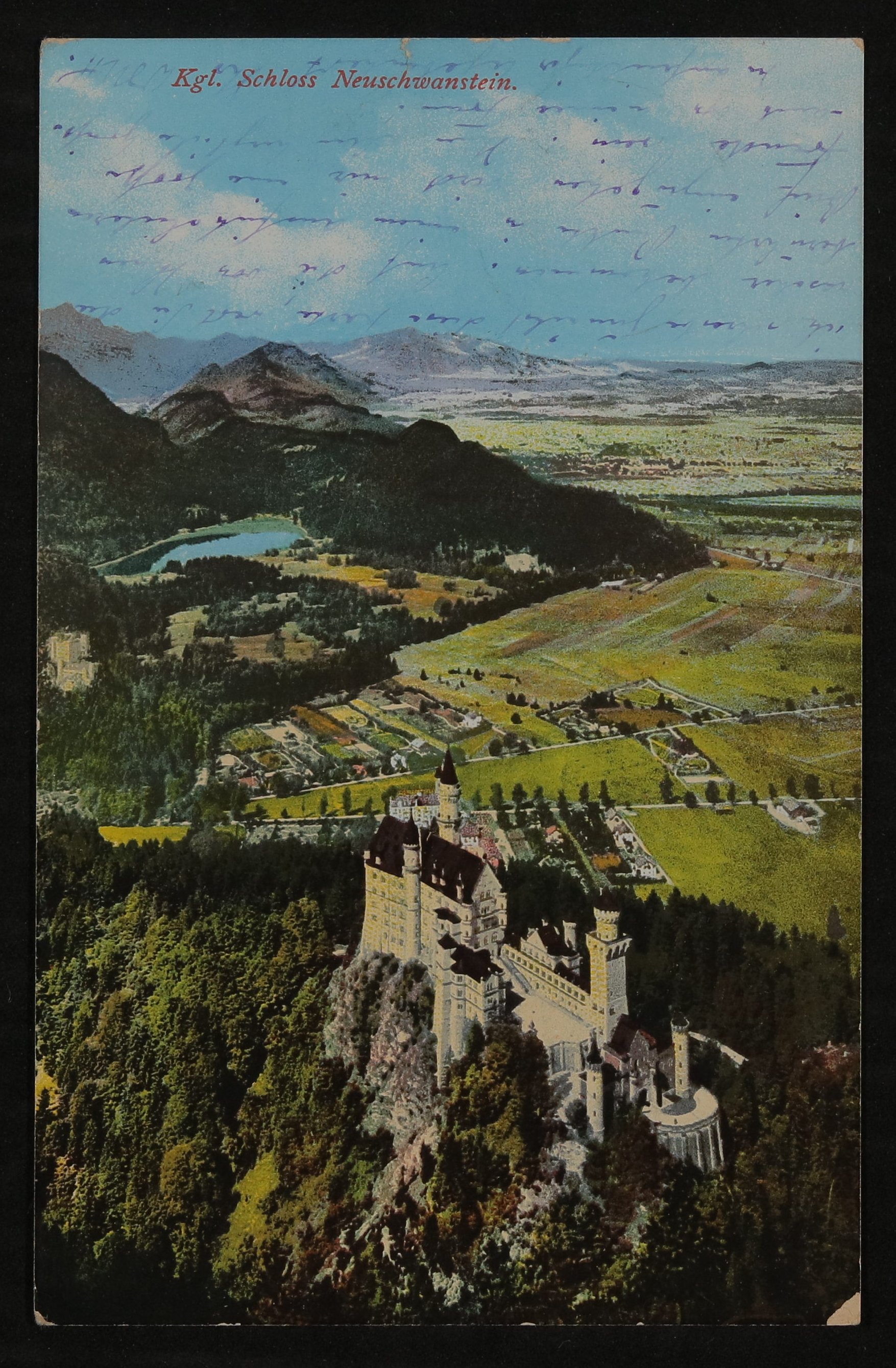 Ansichtskarte von Willy Müller-Hofmann an Hofmannsthal mit kolorierter Ansicht von Schloss Neuschwanstein mit Landschaft (Freies Deutsches Hochstift / Frankfurter Goethe-Museum CC BY-NC-SA)