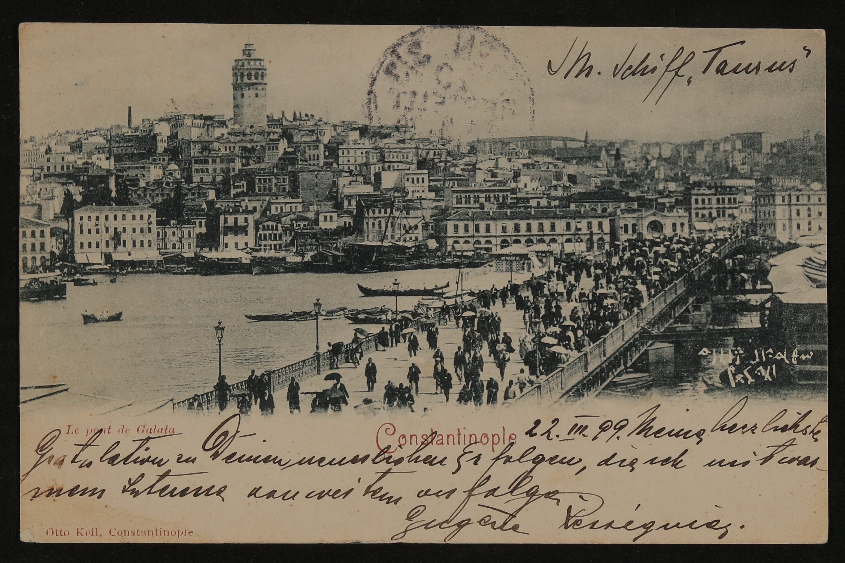 Ansichtskarte von Eugène Rességuier an Hofmannsthal mit Stadtansicht von Konstantinopel mit Galataturm (Freies Deutsches Hochstift / Frankfurter Goethe-Museum CC BY-NC-SA)
