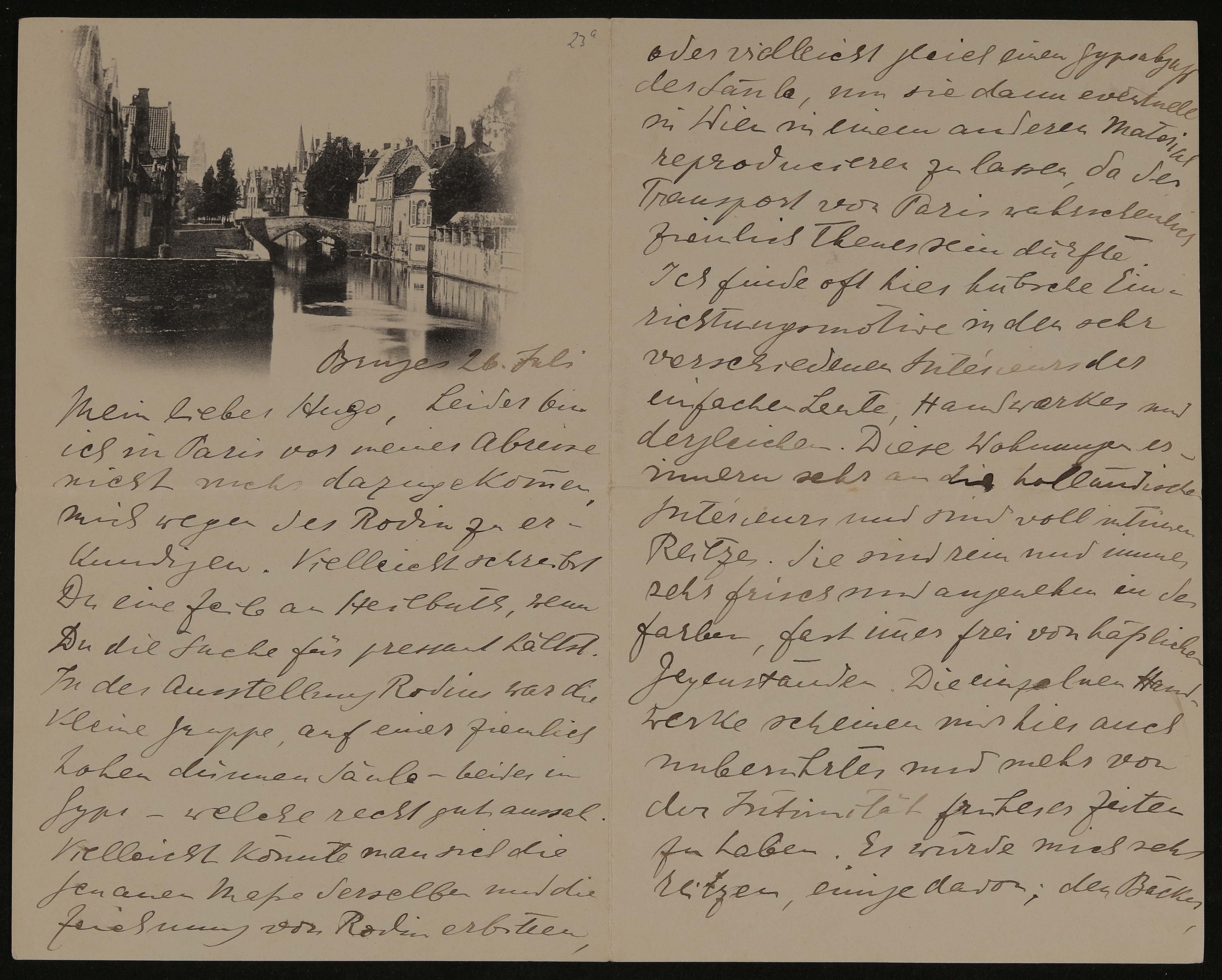 Brief von Hans Schlesinger vom 26. Juli 1900 an Hofmannsthal mit Ansicht von Brügge (Freies Deutsches Hochstift / Frankfurter Goethe-Museum CC BY-NC-SA)