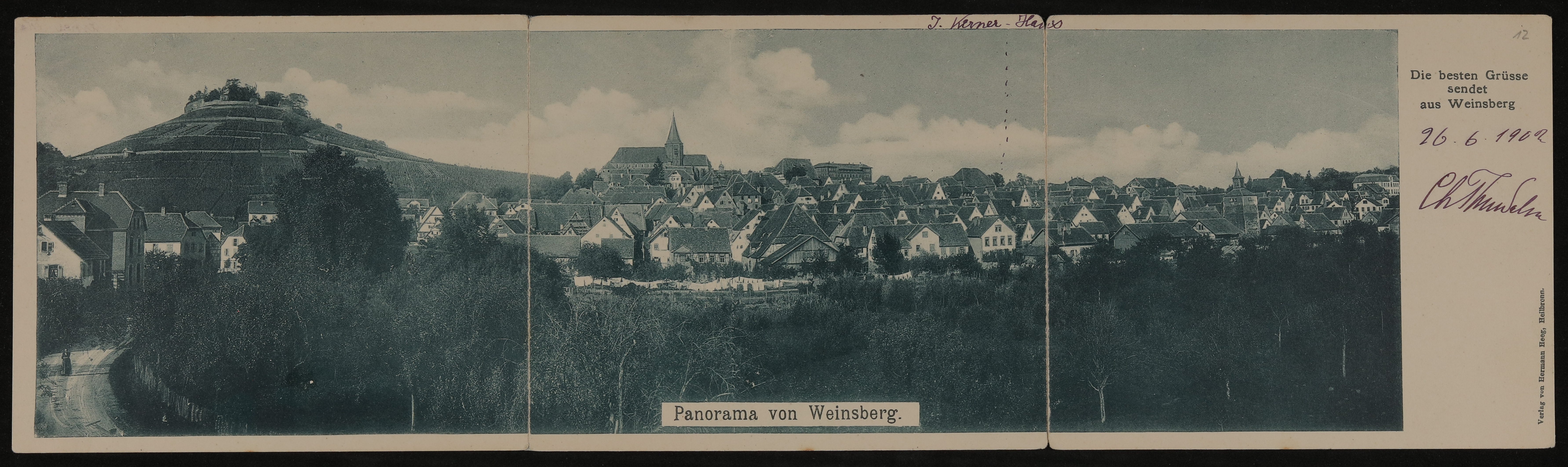 Aufklappbare Panoramakarte von Christiane Thun-Salm an Hofmannsthal mit Panorama von Weinsberg (Freies Deutsches Hochstift / Frankfurter Goethe-Museum CC BY-NC-SA)
