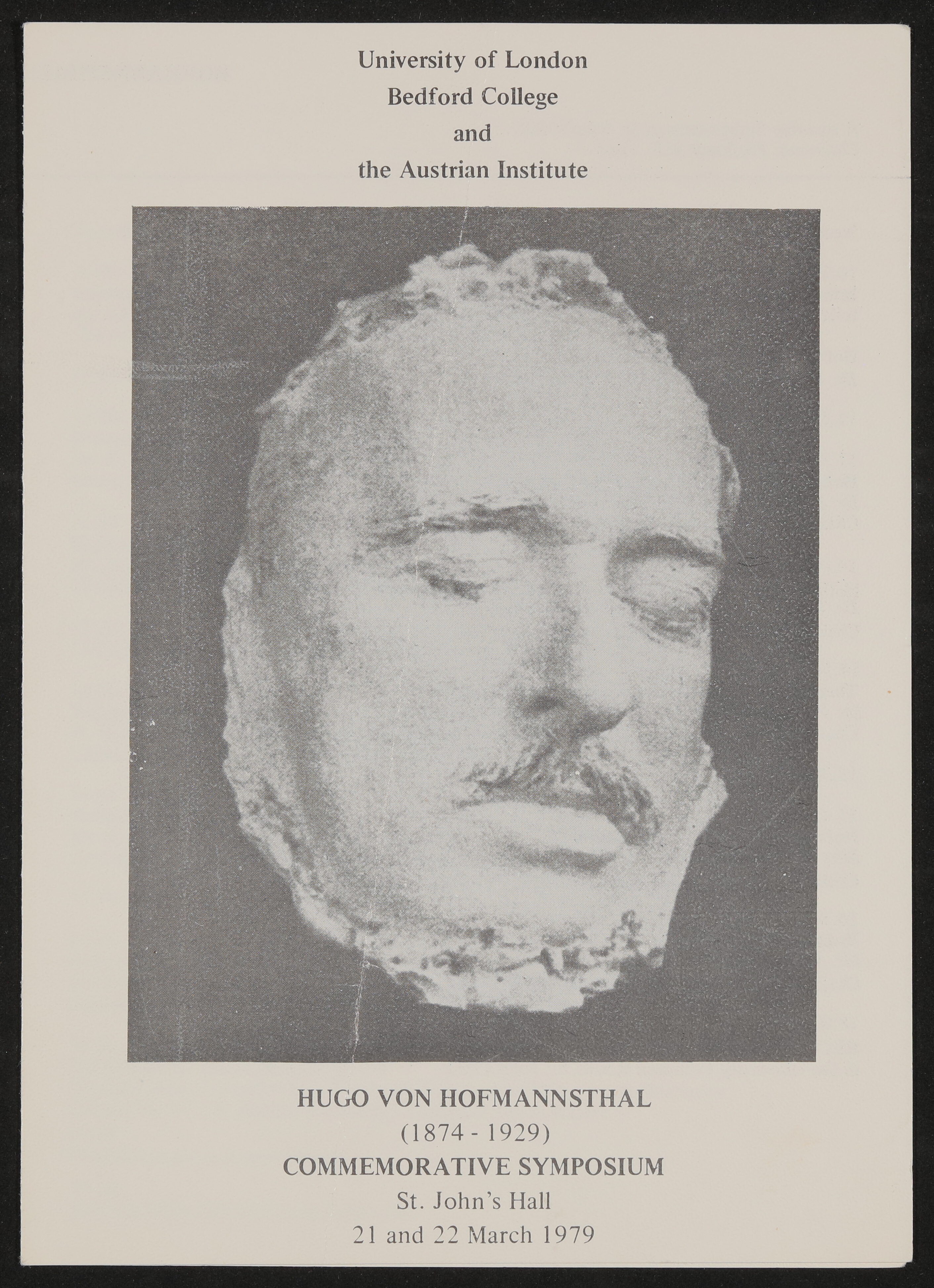 Symposiums-Prospekt von 1979 mit einer Abbildung von Hofmannsthals Totenmaske (Freies Deutsches Hochstift / Frankfurter Goethe-Museum CC BY-NC-SA)