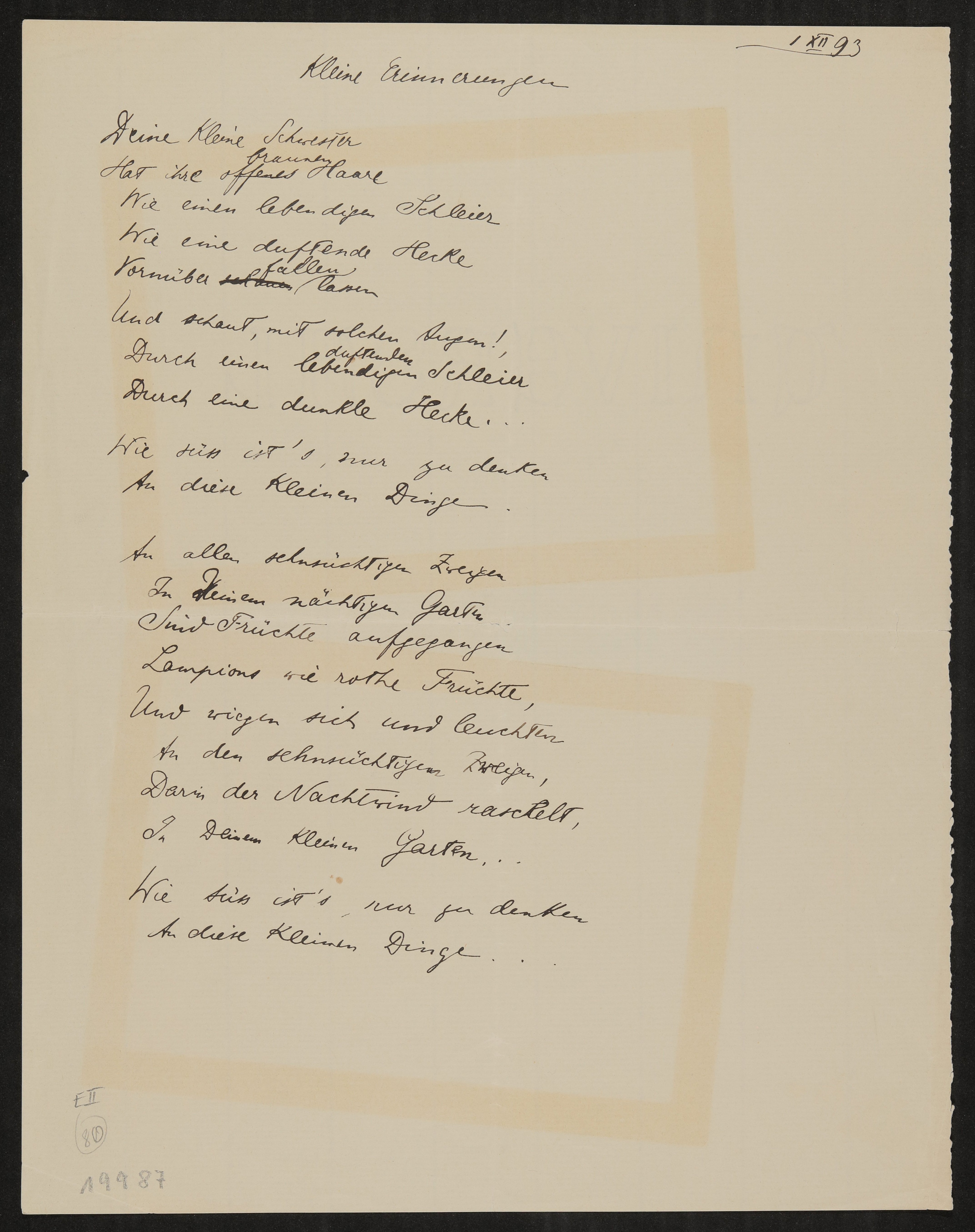 Gedicht: Kleine Erinnerungen (Freies Deutsches Hochstift / Frankfurter Goethe-Museum Public Domain Mark)