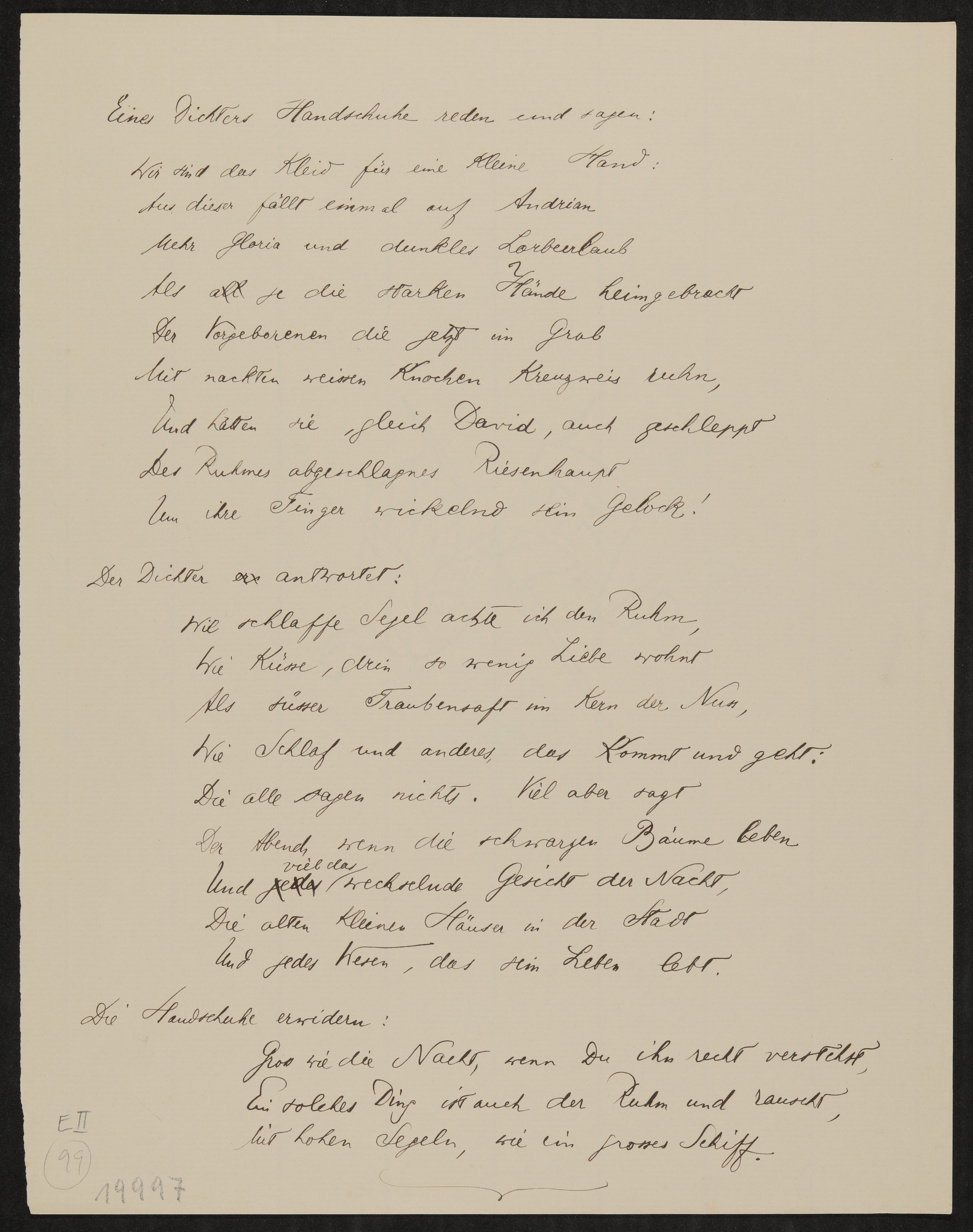 Gedicht: Eines Dichters Handschuhe ... (Freies Deutsches Hochstift / Frankfurter Goethe-Museum Public Domain Mark)