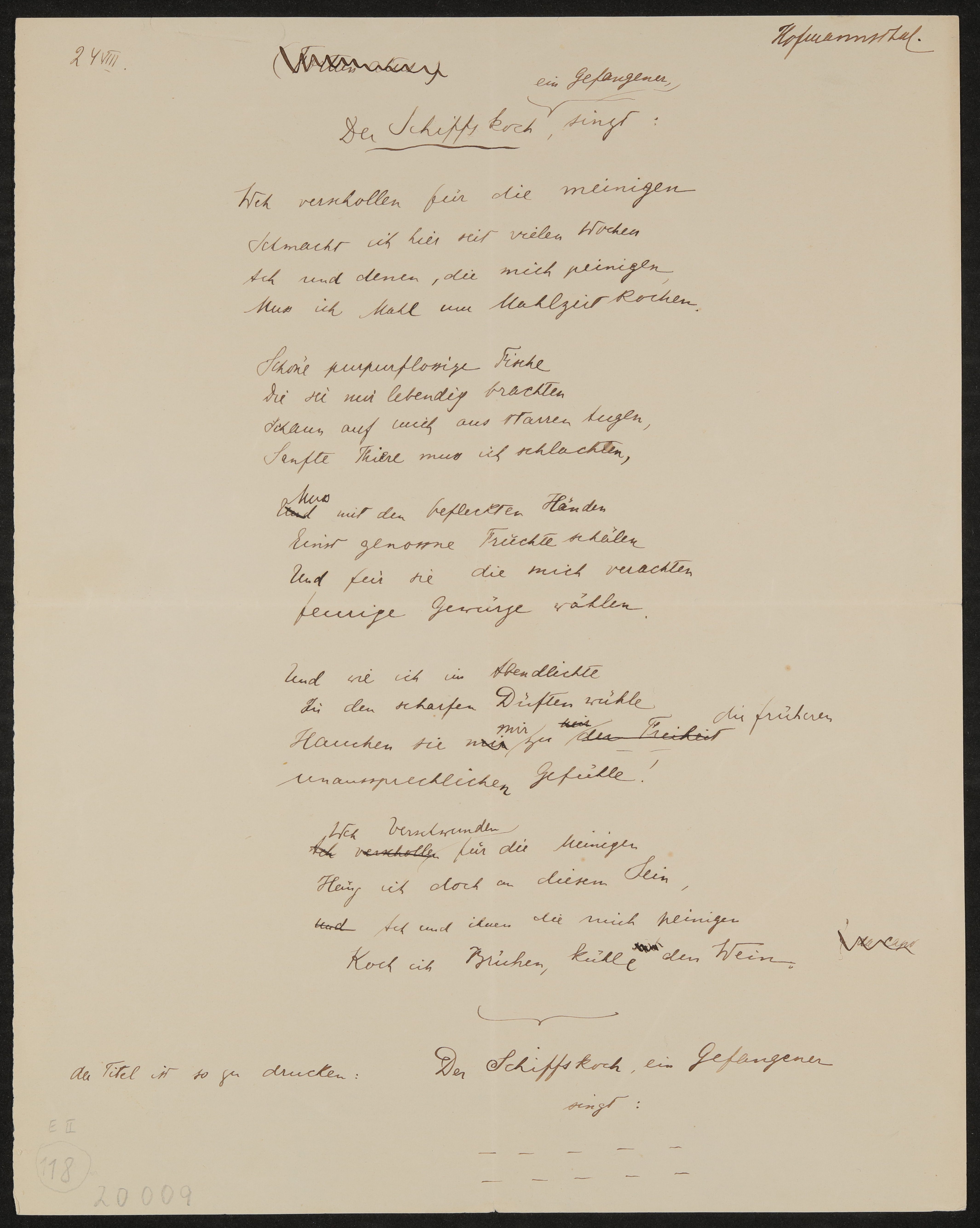 Gedicht: Der Schiffskoch, ein Gefangener, singt: (Freies Deutsches Hochstift / Frankfurter Goethe-Museum Public Domain Mark)
