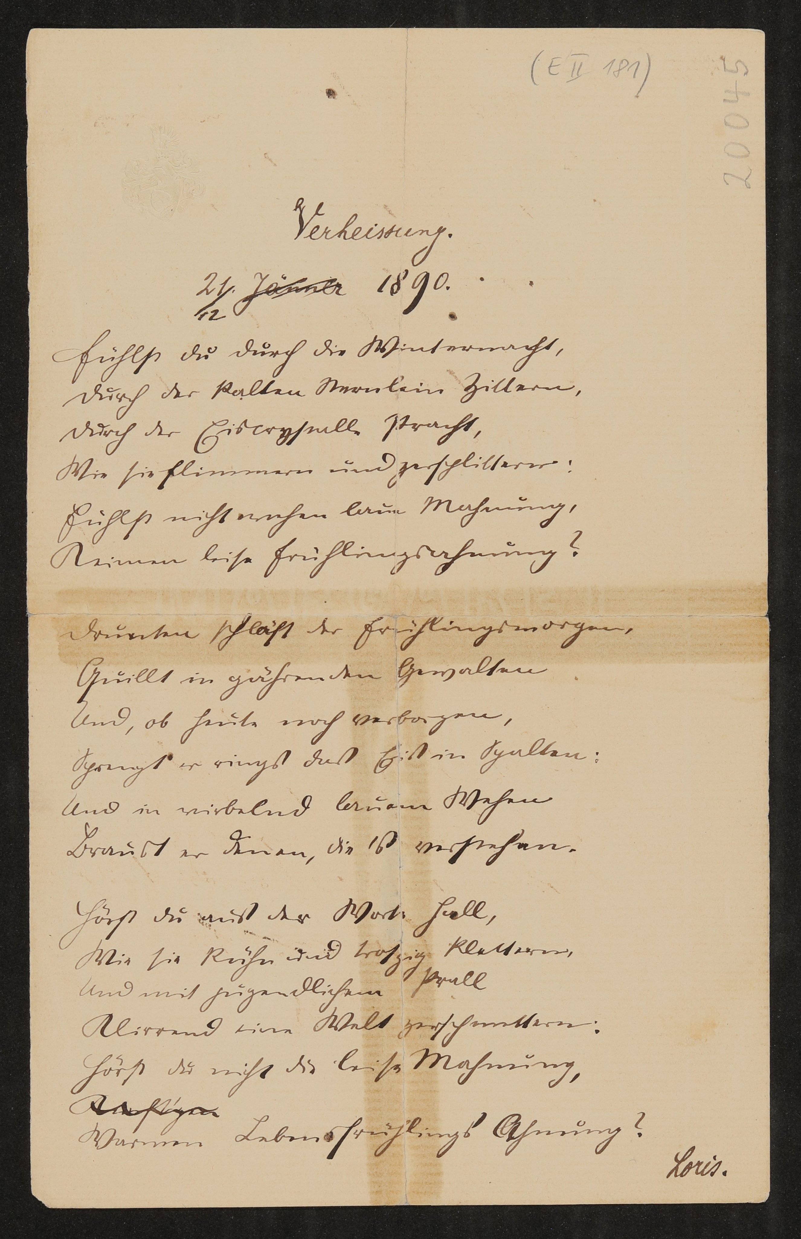 Gedicht: Verheissung 21.12.1890 (Freies Deutsches Hochstift / Frankfurter Goethe-Museum Public Domain Mark)