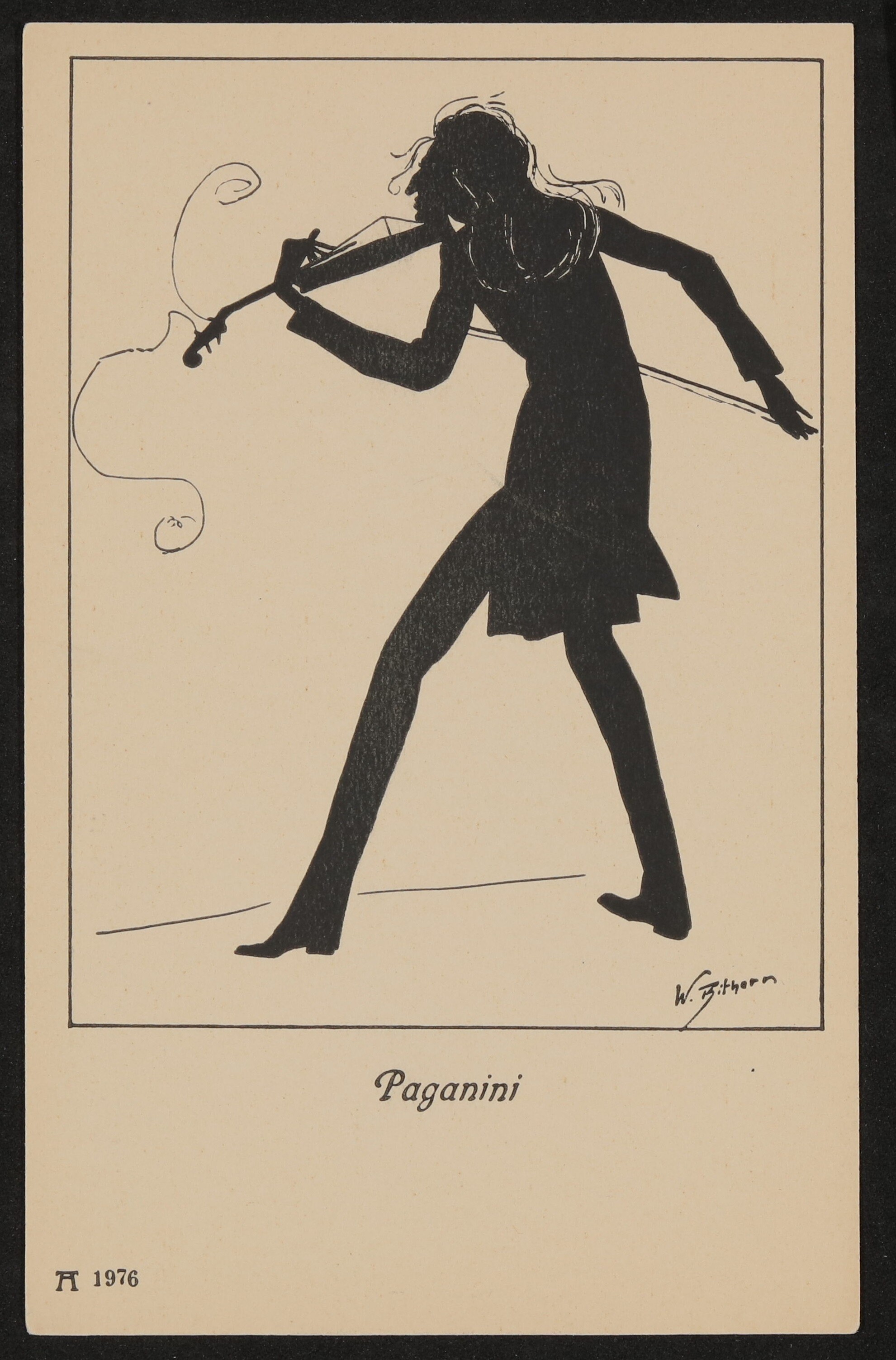 Ansichtskarte mit Silhouette von Willy Bithorn: Niccolò Paganini mit Geige (Freies Deutsches Hochstift / Frankfurter Goethe-Museum CC BY-NC-SA)