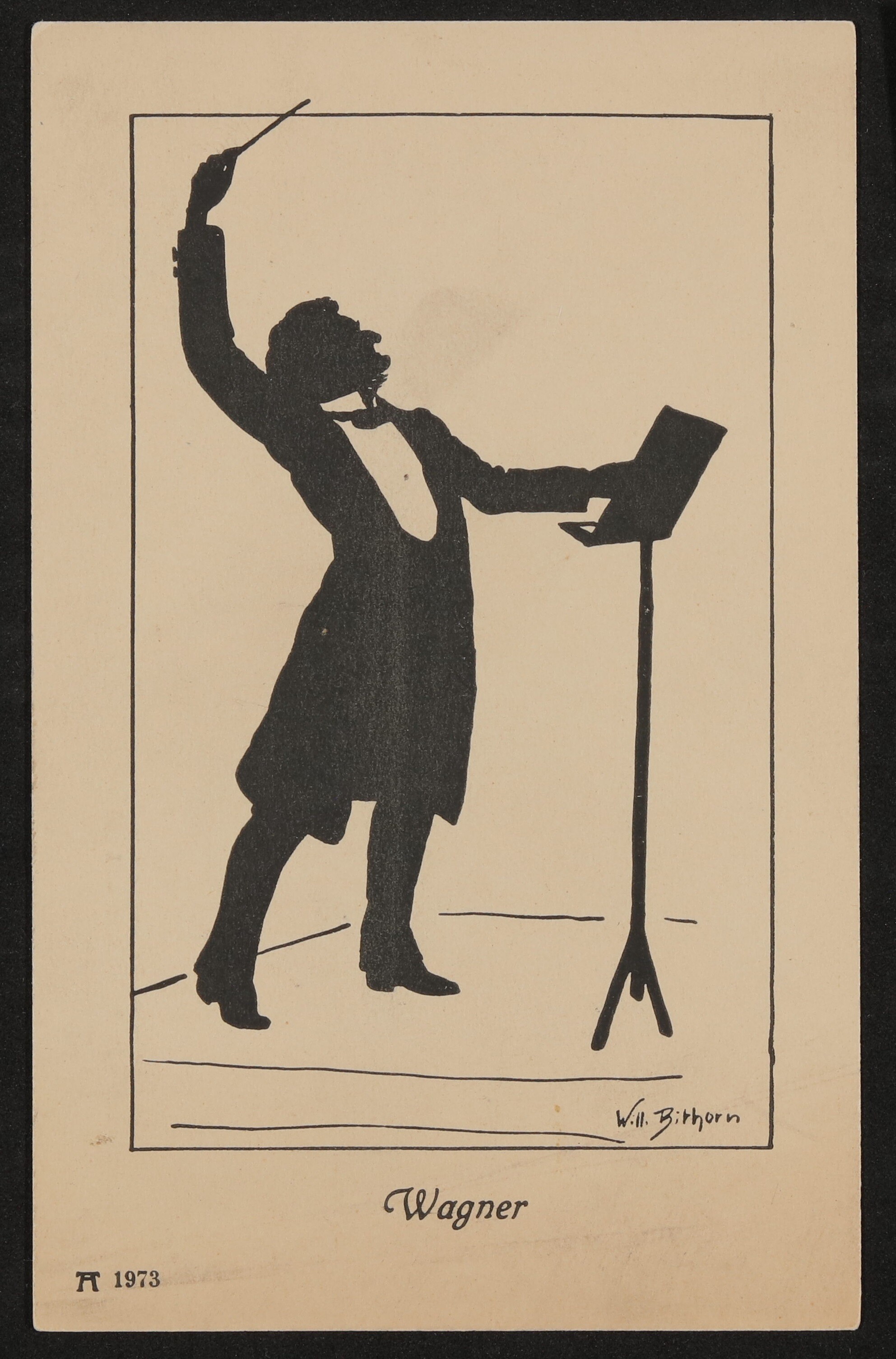 Ansichtskarte mit Silhouette von Willy Bithorn: Richard Wagner am Dirigentenpult (Freies Deutsches Hochstift / Frankfurter Goethe-Museum CC BY-NC-SA)