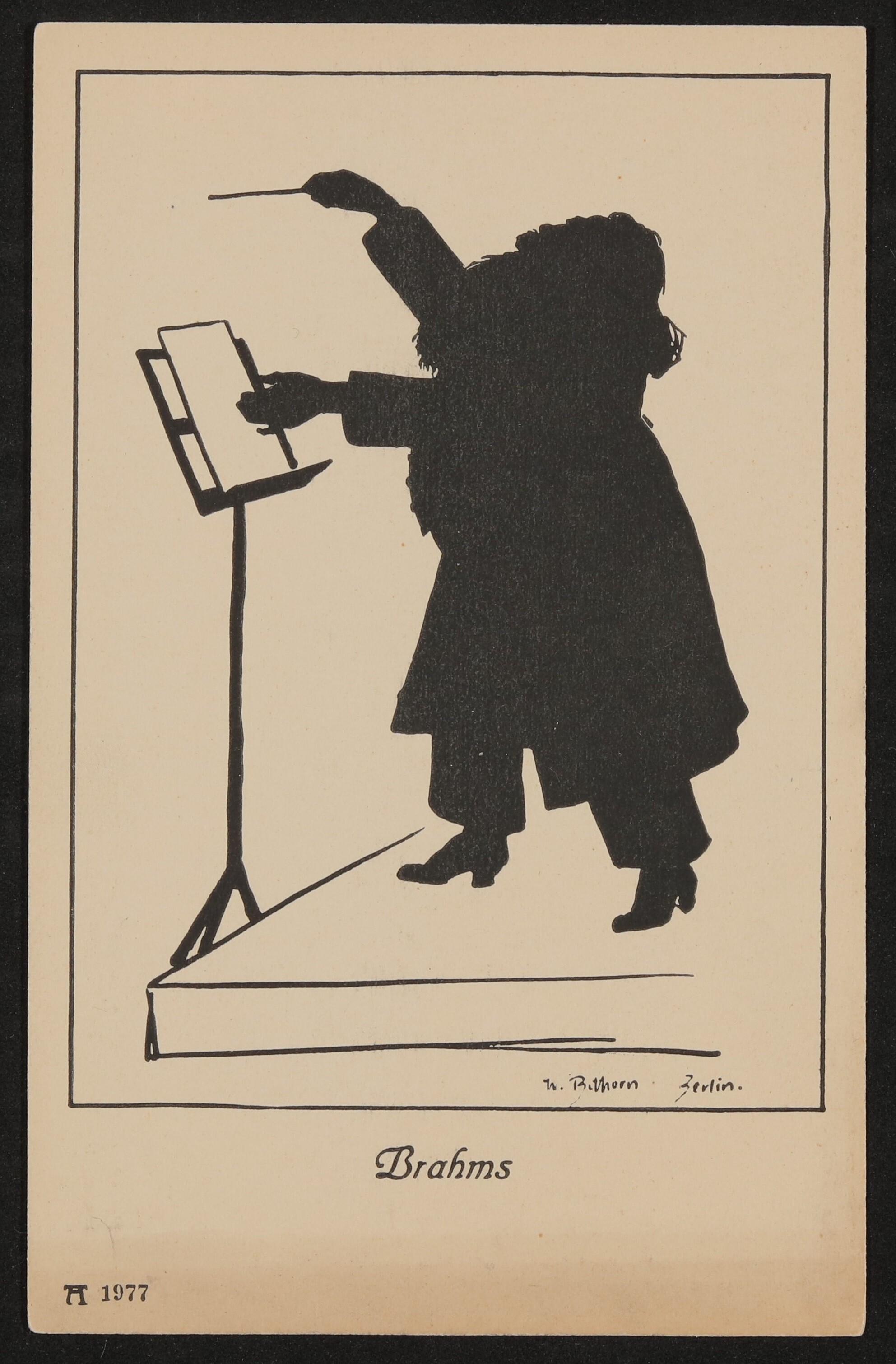Ansichtskarte mit Silhouette von Willy Bithorn: Johannes Brahms am Dirigentenpult (Freies Deutsches Hochstift / Frankfurter Goethe-Museum CC BY-NC-SA)
