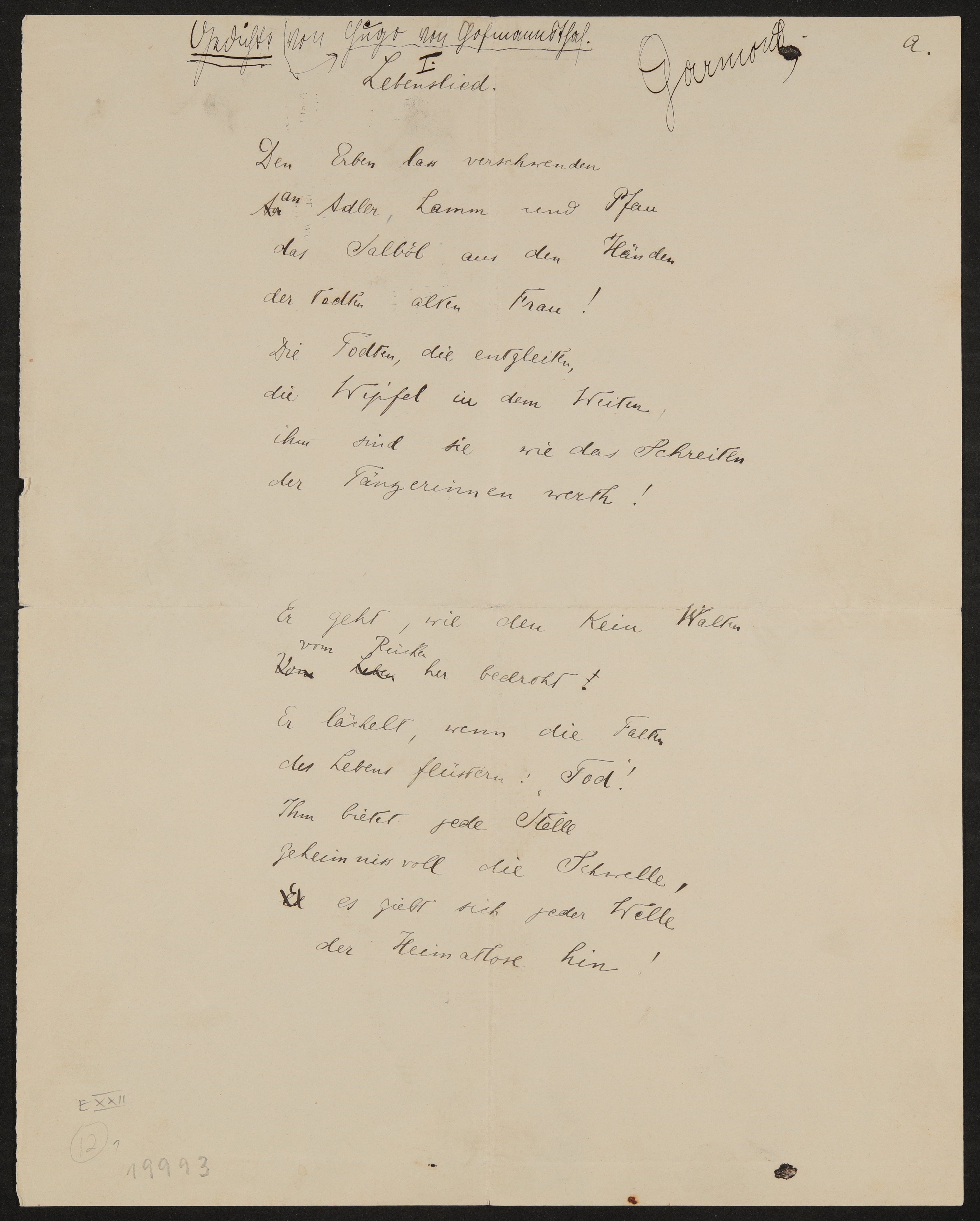 Gedicht: Lebenslied (Freies Deutsches Hochstift / Frankfurter Goethe-Museum Public Domain Mark)