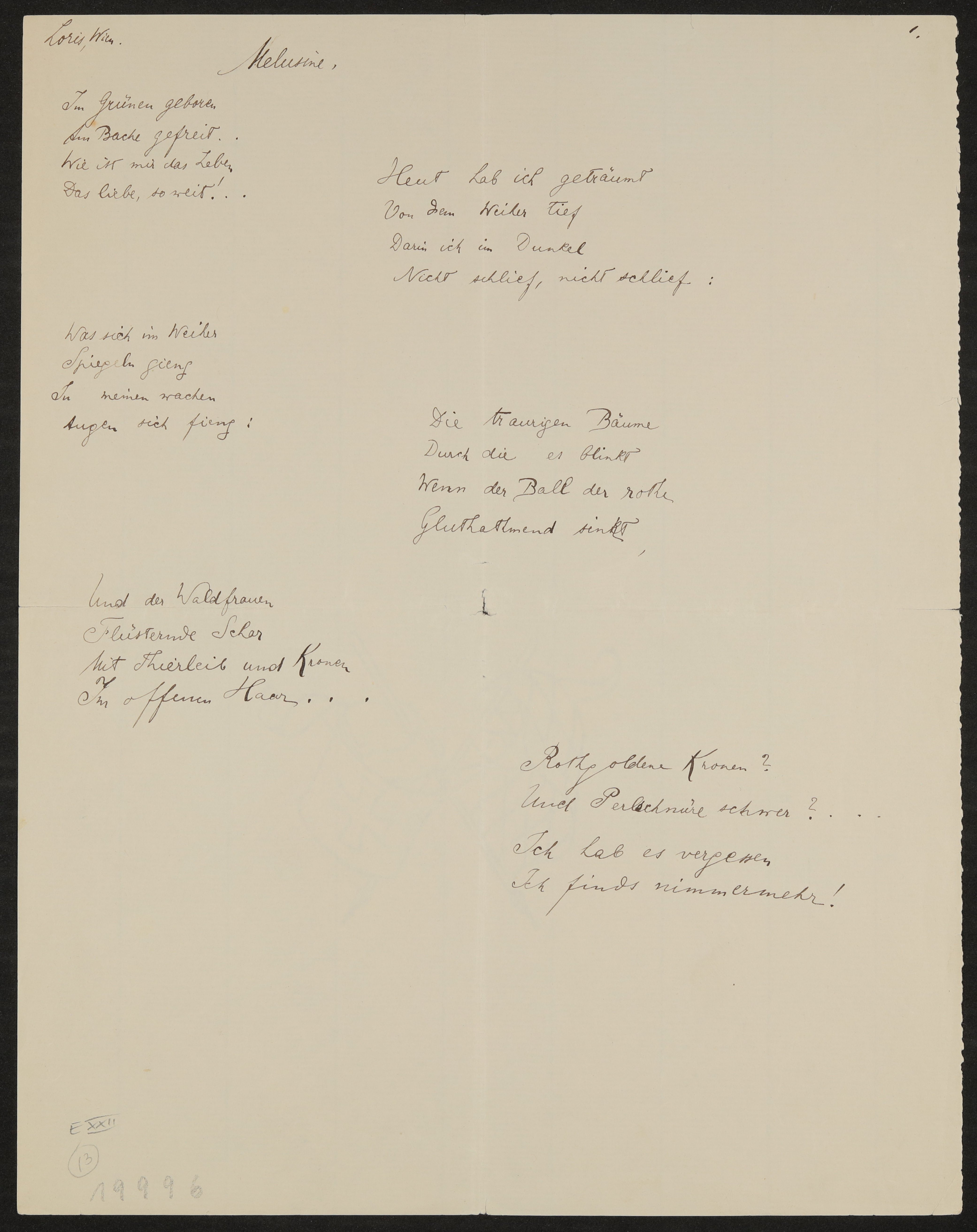 Gedicht: Melusine (Freies Deutsches Hochstift / Frankfurter Goethe-Museum Public Domain Mark)