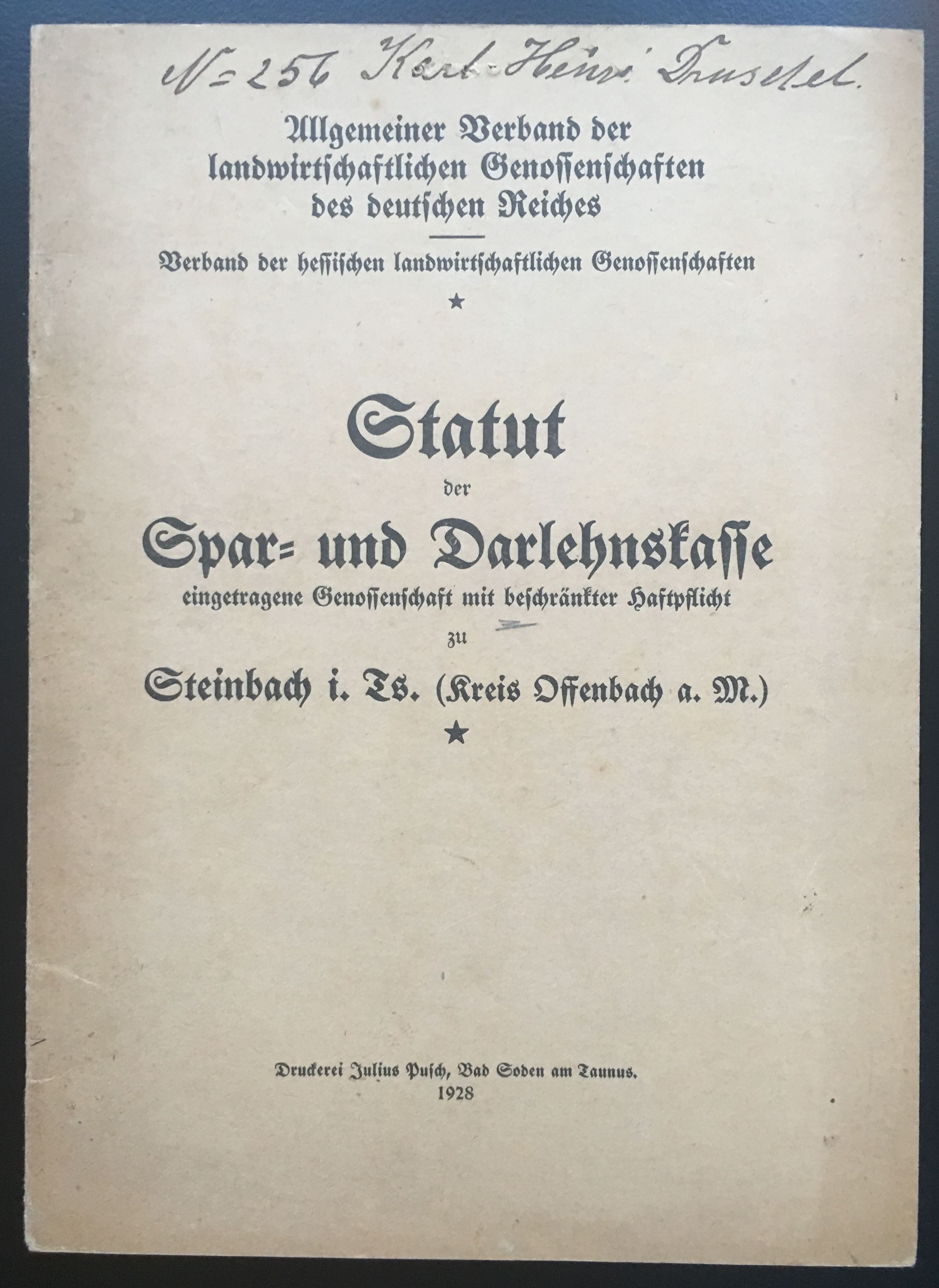 Statut der Spar und Darlehenskasse Steinbach im Taunus 1928 (Taunus-Rhein-Main - Regionalgeschichtliche Sammlung Dr. Stefan Naas CC BY-NC-SA)